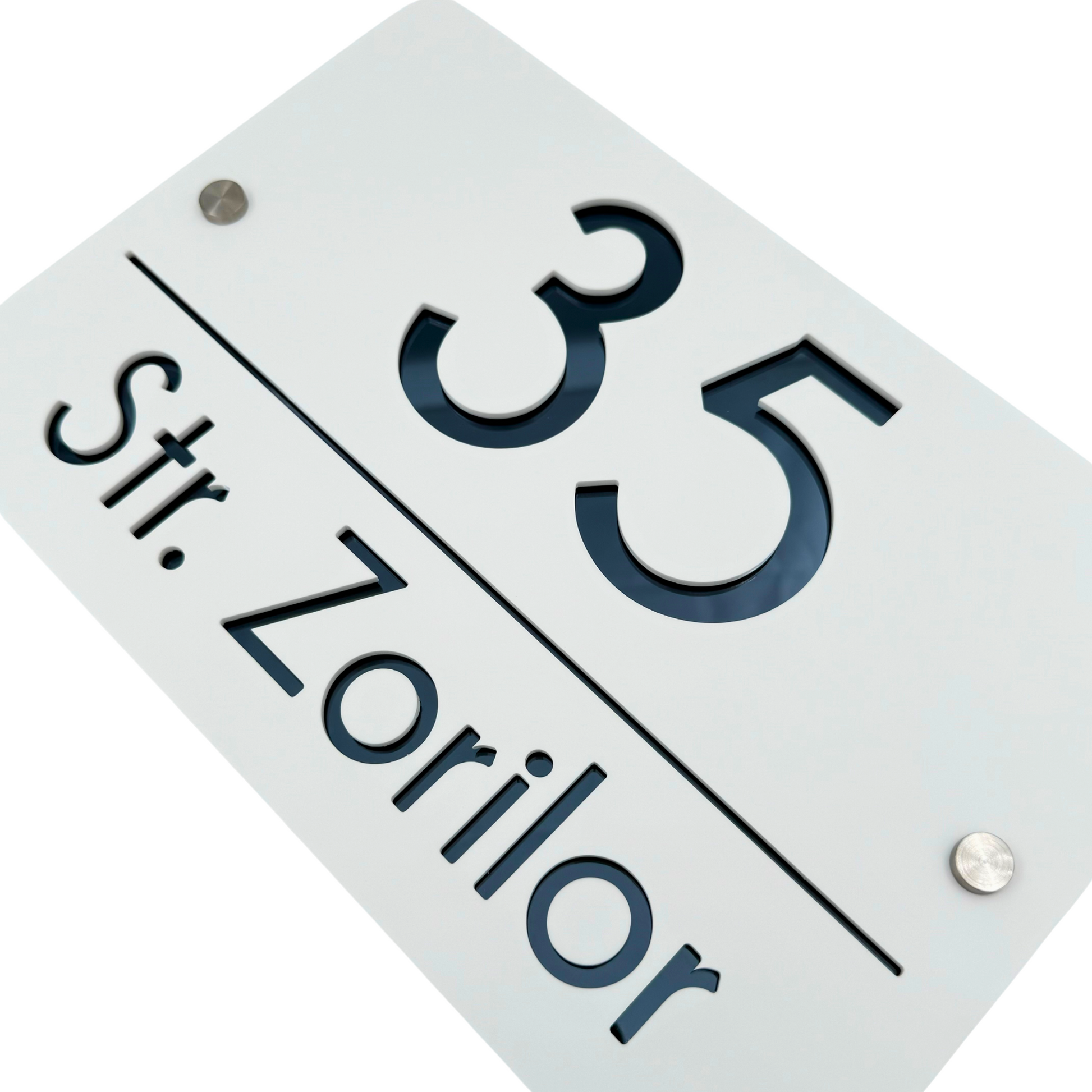 PREMIUM HOUSE NUMBER - White Satin Anthracite Grey Mirror 2 Spacers Silver - 30×20 cm
