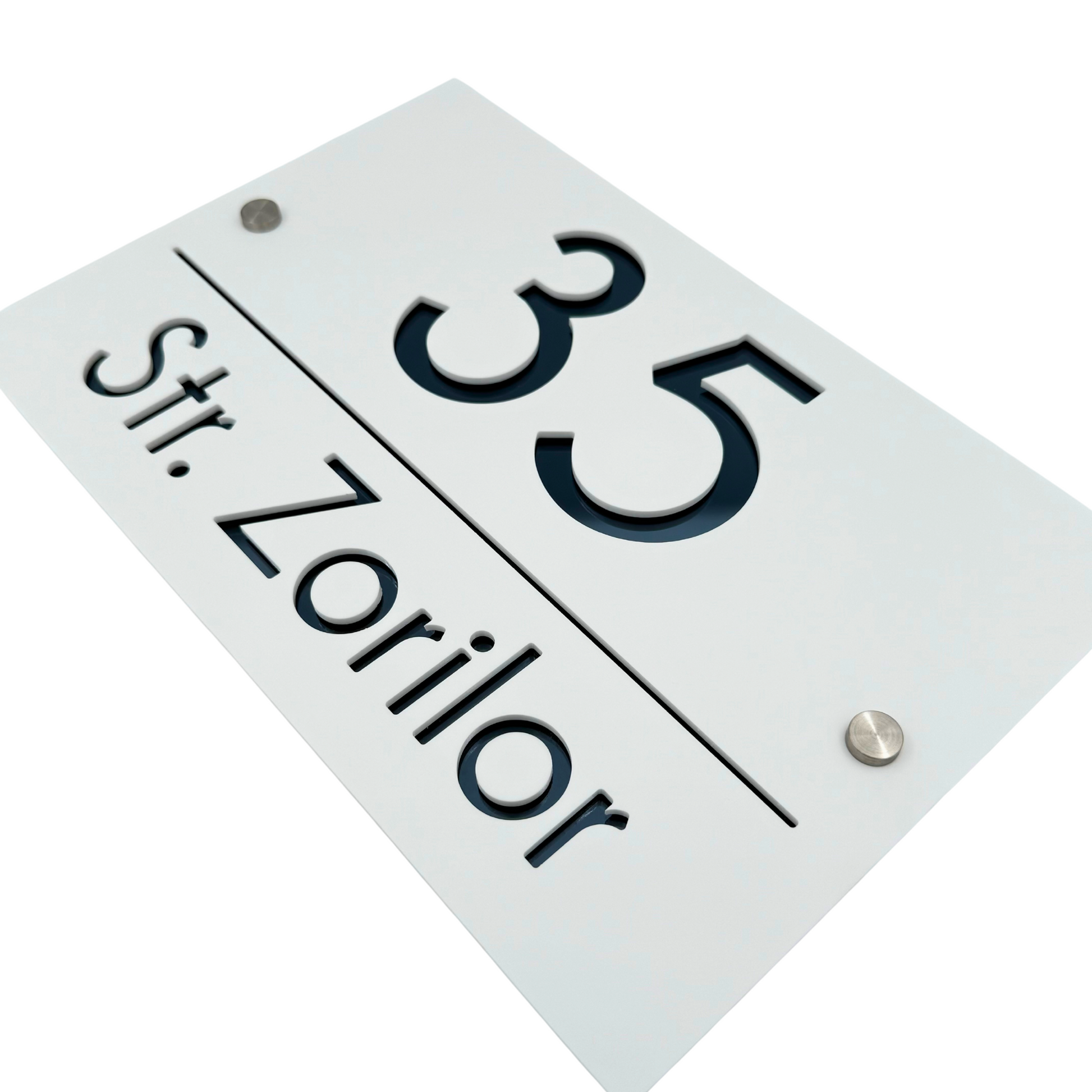 PREMIUM HOUSE NUMBER - White Satin Anthracite Grey Mirror 2 Spacers Silver - 30×20 cm