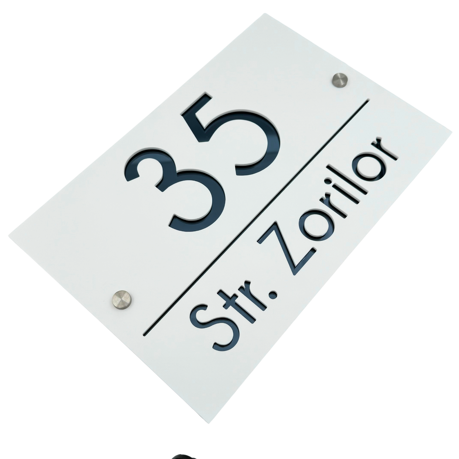 PREMIUM HOUSE NUMBER - White Satin Anthracite Grey Mirror 2 Spacers Silver - 30×20 cm