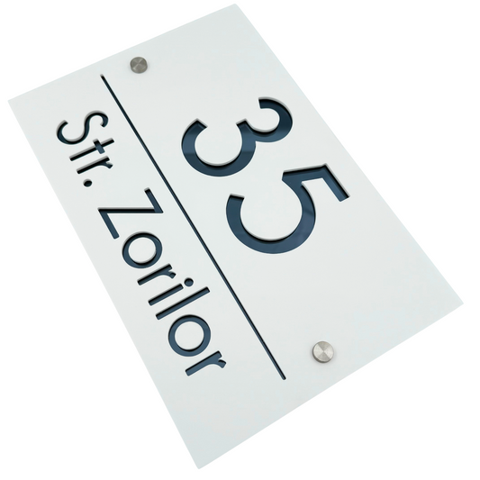 PREMIUM HOUSE NUMBER - White Satin Anthracite Grey Mirror 2 Spacers Silver - 30×20 cm