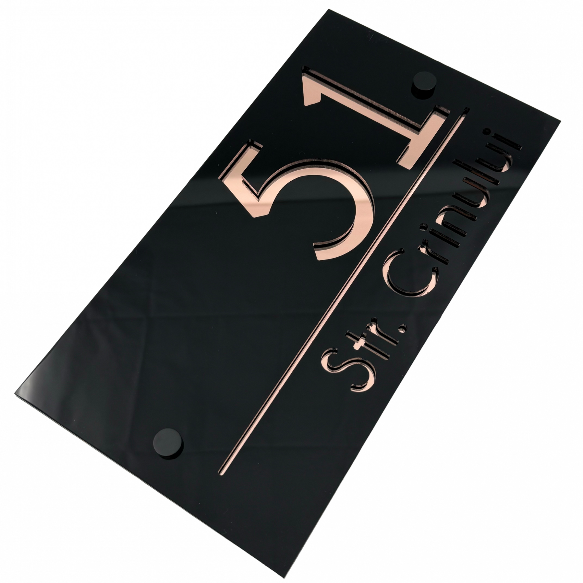 PREMIUM HOUSE NUMBER - Glossy Black Rose Gold Mirror 2 Spacers NeGreyi - 28×15 cm