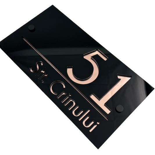 PREMIUM HOUSE NUMBER - Glossy Black Rose Gold Mirror 2 Spacers NeGreyi - 28×15 cm