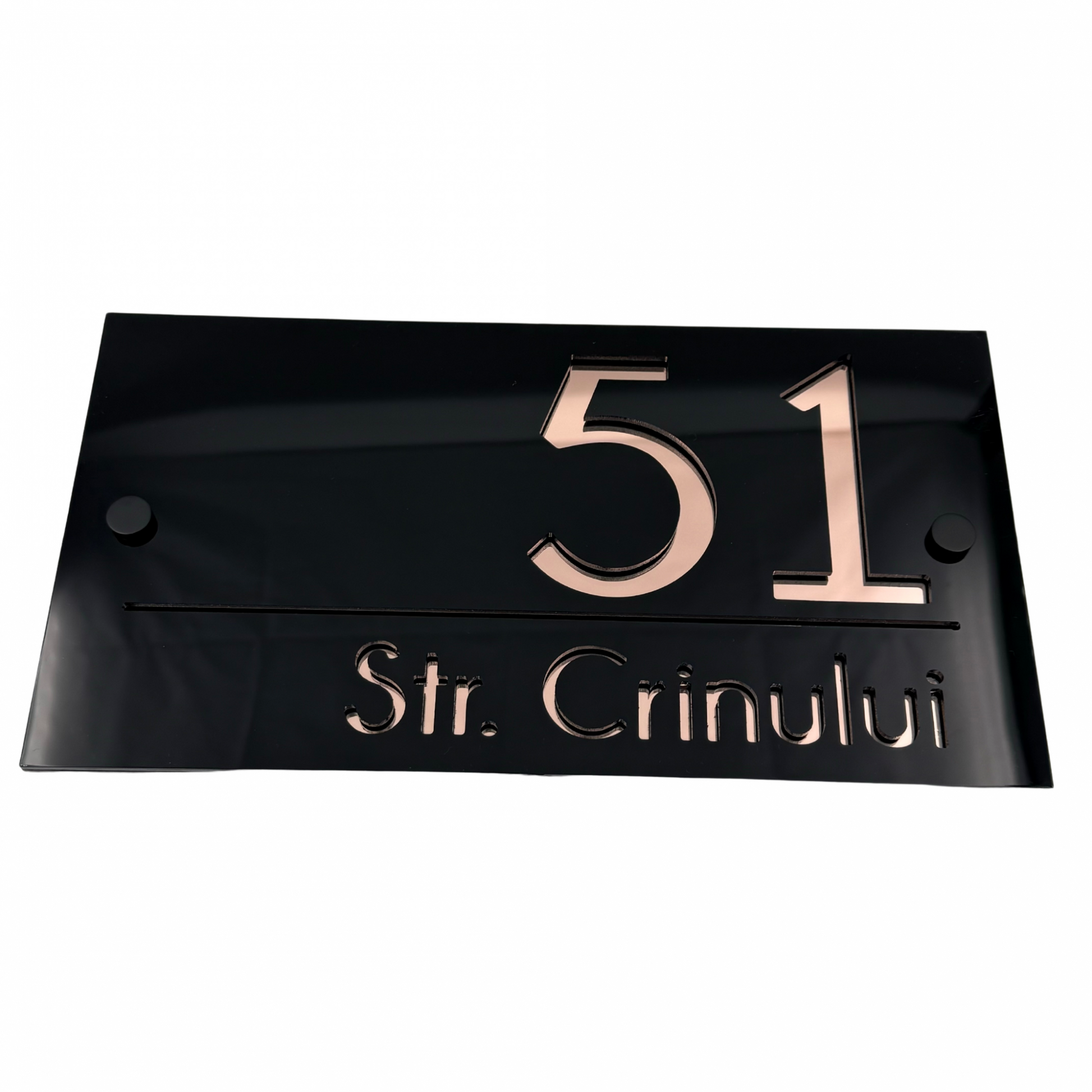 PREMIUM HOUSE NUMBER - Glossy Black Rose Gold Mirror 2 Spacers NeGreyi - 28×15 cm