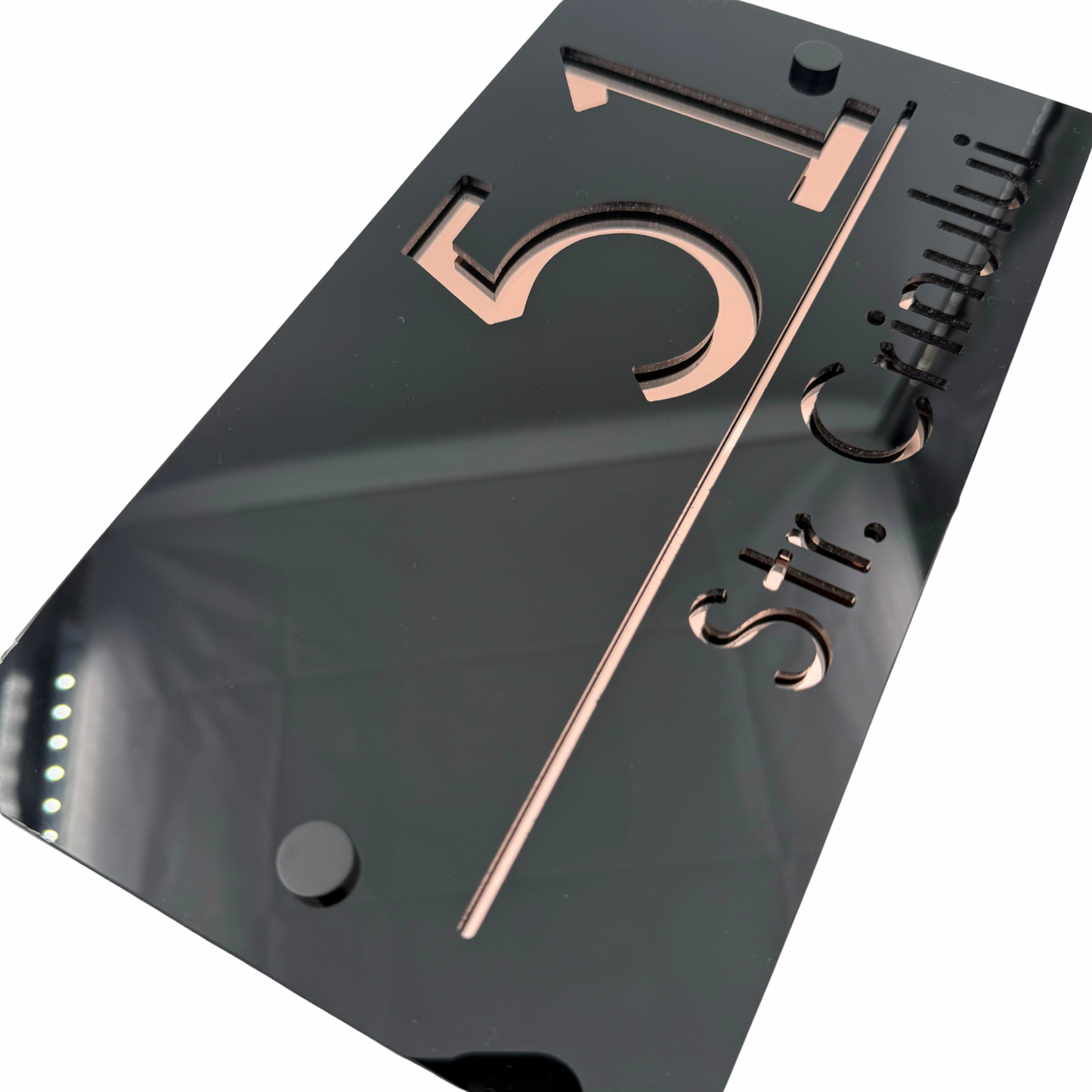 PREMIUM HOUSE NUMBER - Glossy Black Rose Gold Mirror 2 Spacers NeGreyi - 28×15 cm