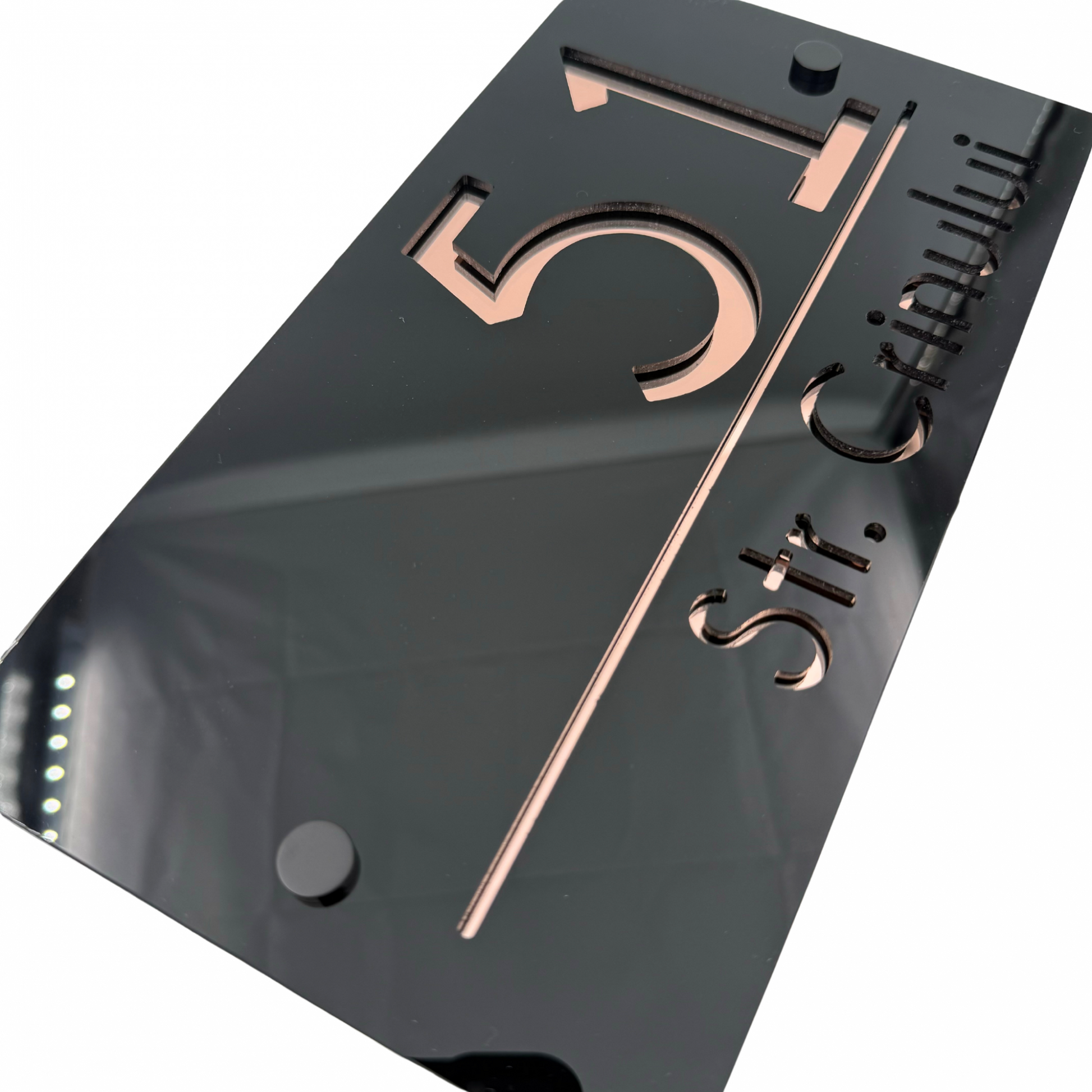 PREMIUM HOUSE NUMBER - Glossy Black Rose Gold Mirror 2 Spacers NeGreyi - 28×15 cm