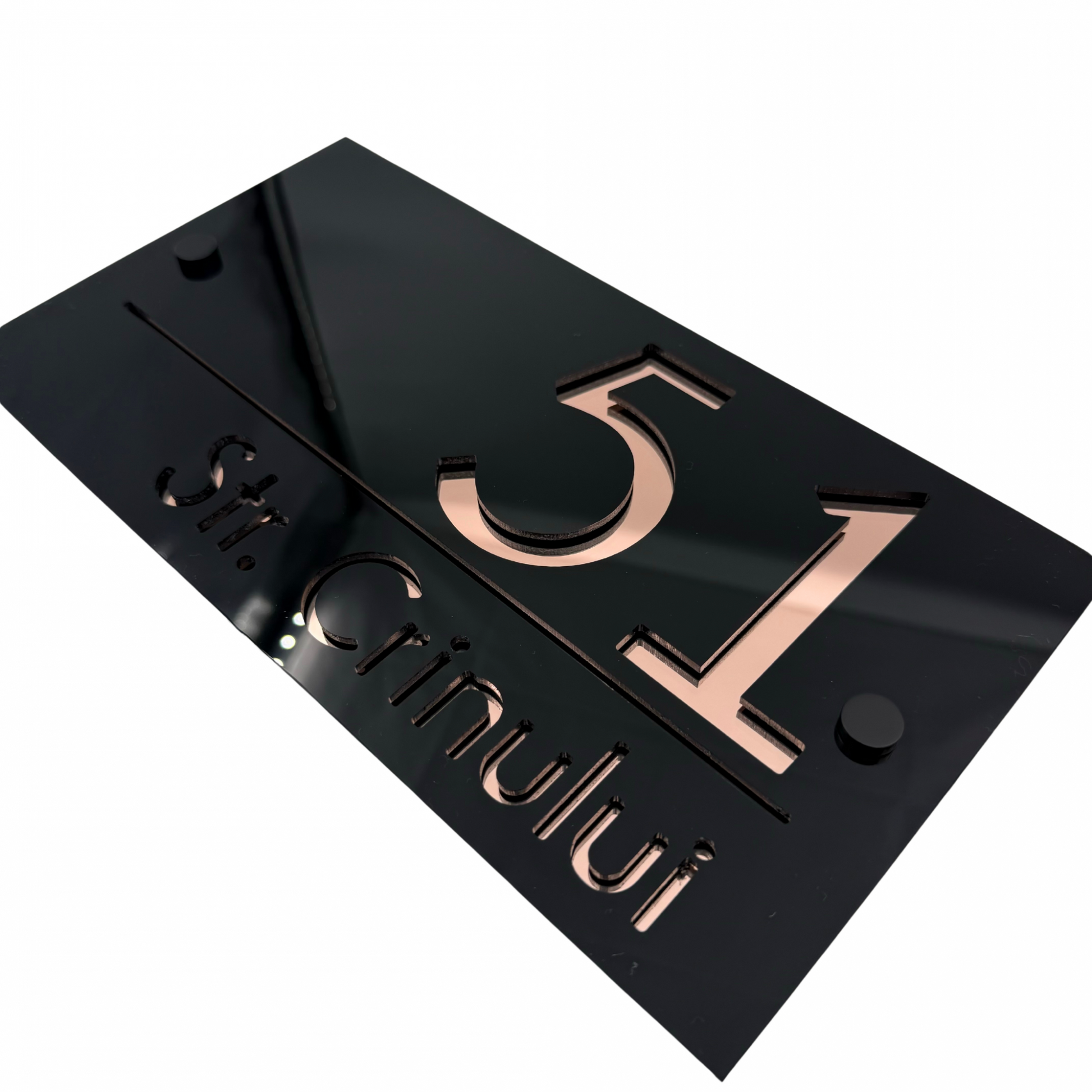 PREMIUM HOUSE NUMBER - Glossy Black Rose Gold Mirror 2 Spacers NeGreyi - 28×15 cm