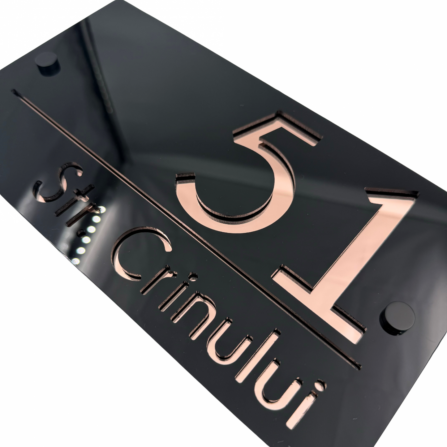 PREMIUM HOUSE NUMBER - Glossy Black Rose Gold Mirror 2 Spacers NeGreyi - 28×15 cm