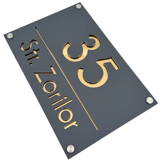 PREMIUM HOUSE NUMBER - Satin Grey Gold Mirror 4 Spacers Silver - 30×20 cm