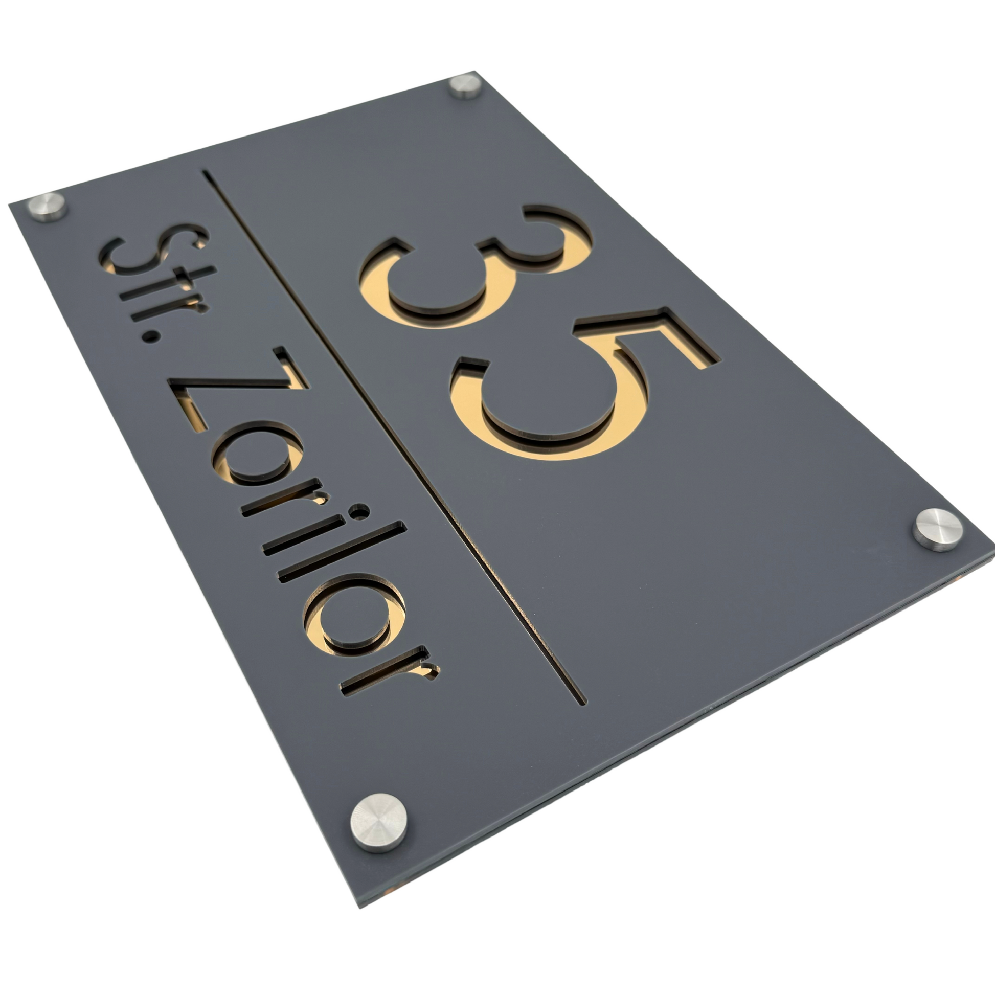 PREMIUM HOUSE NUMBER - Satin Grey Gold Mirror 4 Spacers Silver - 30×20 cm