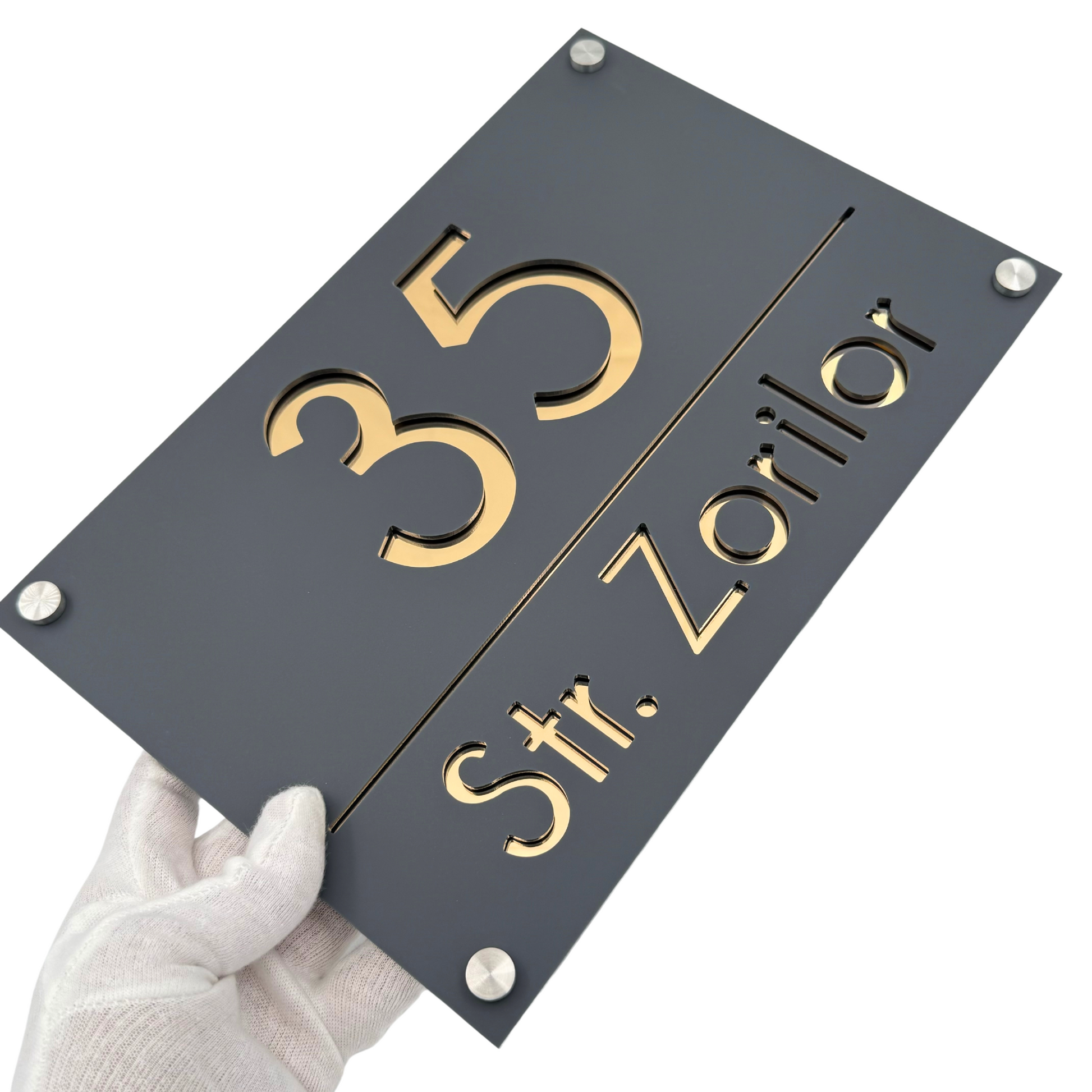 PREMIUM HOUSE NUMBER - Satin Grey Gold Mirror 4 Spacers Silver - 30×20 cm