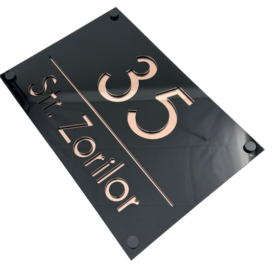 PREMIUM HOUSE NUMBER - Glossy Black Rose Gold Mirror 4 Spacers NeGreyi - 30×20 cm