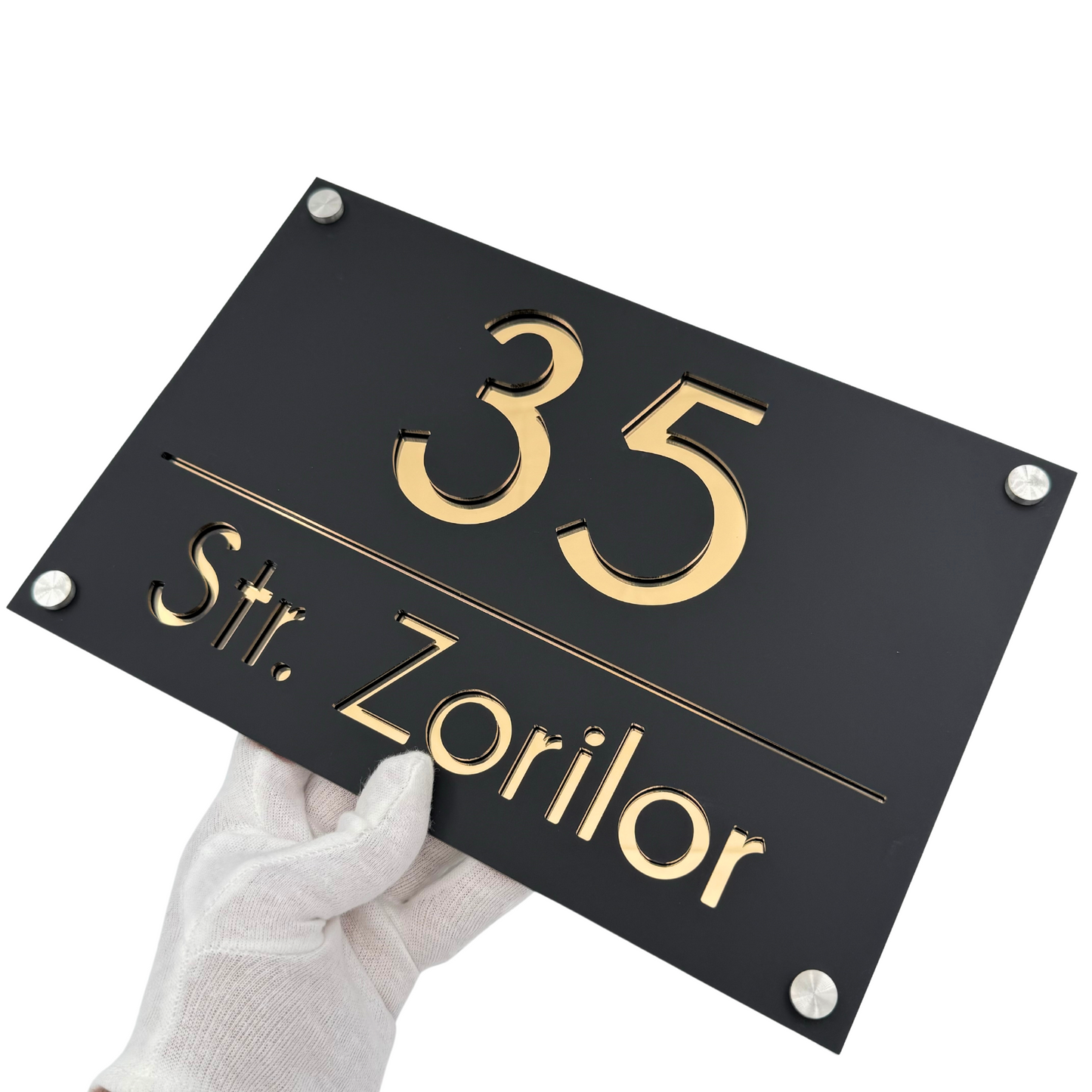 PREMIUM HOUSE NUMBER - Satin Black Gold Mirror 4 Spacers Silver - 30×20 cm