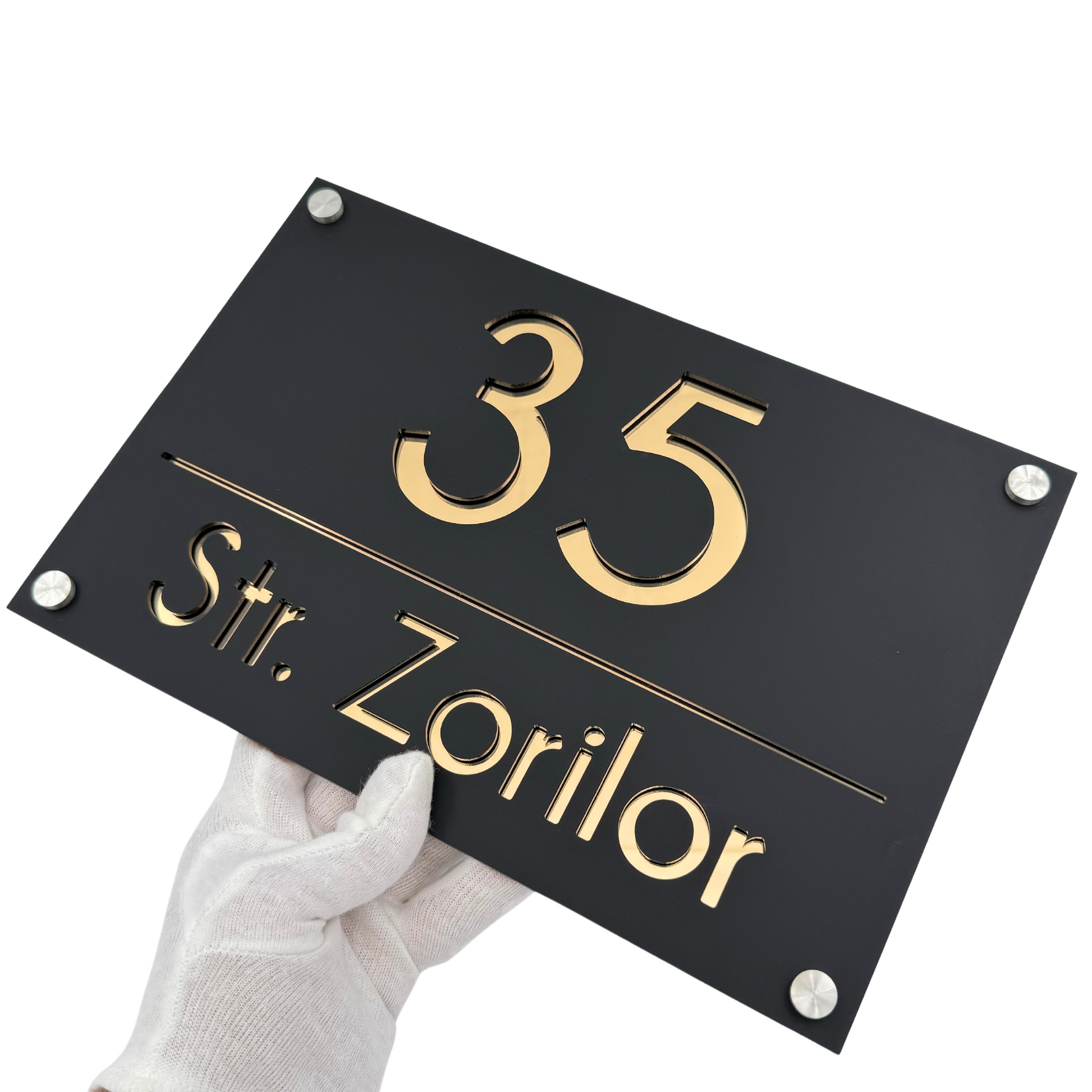 PREMIUM HOUSE NUMBER - Satin Black Gold Mirror 4 Spacers Silver - 30×20 cm