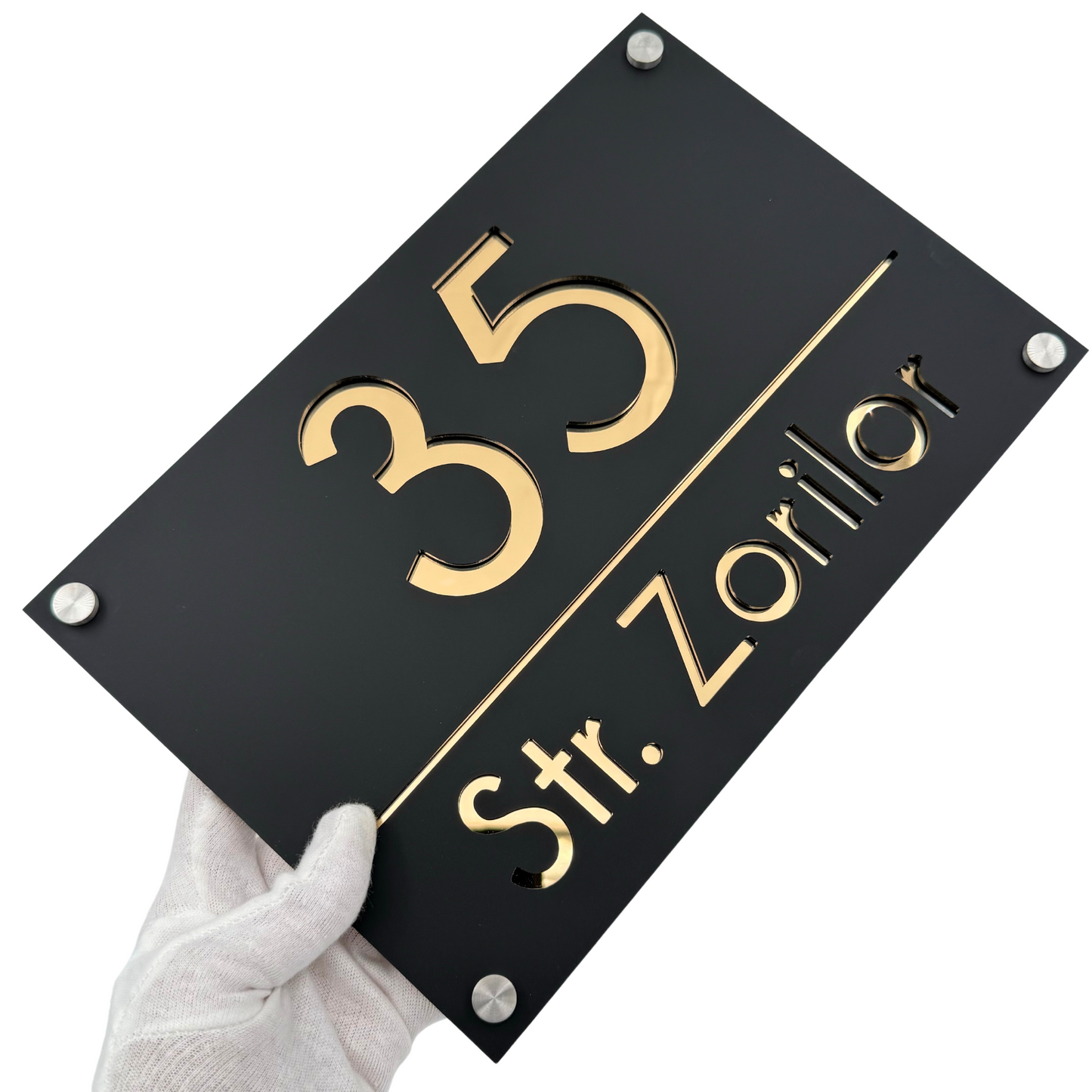PREMIUM HOUSE NUMBER - Satin Black Gold Mirror 4 Spacers Silver - 30×20 cm