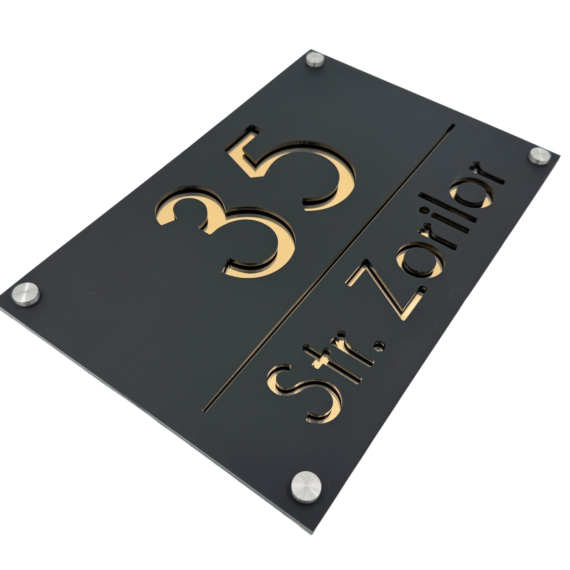 PREMIUM HOUSE NUMBER - Satin Black Gold Mirror 4 Spacers Silver - 30×20 cm