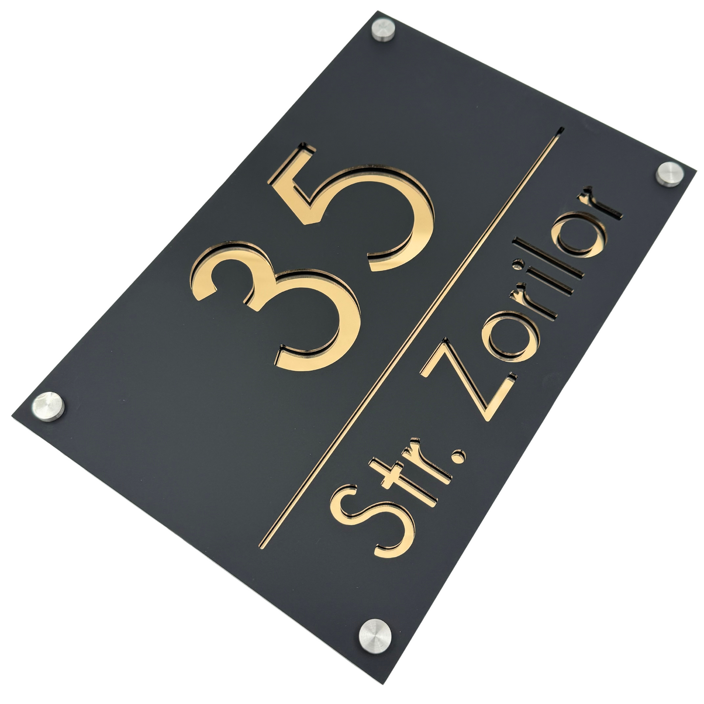 PREMIUM HOUSE NUMBER - Satin Black Gold Mirror 4 Spacers Silver - 30×20 cm