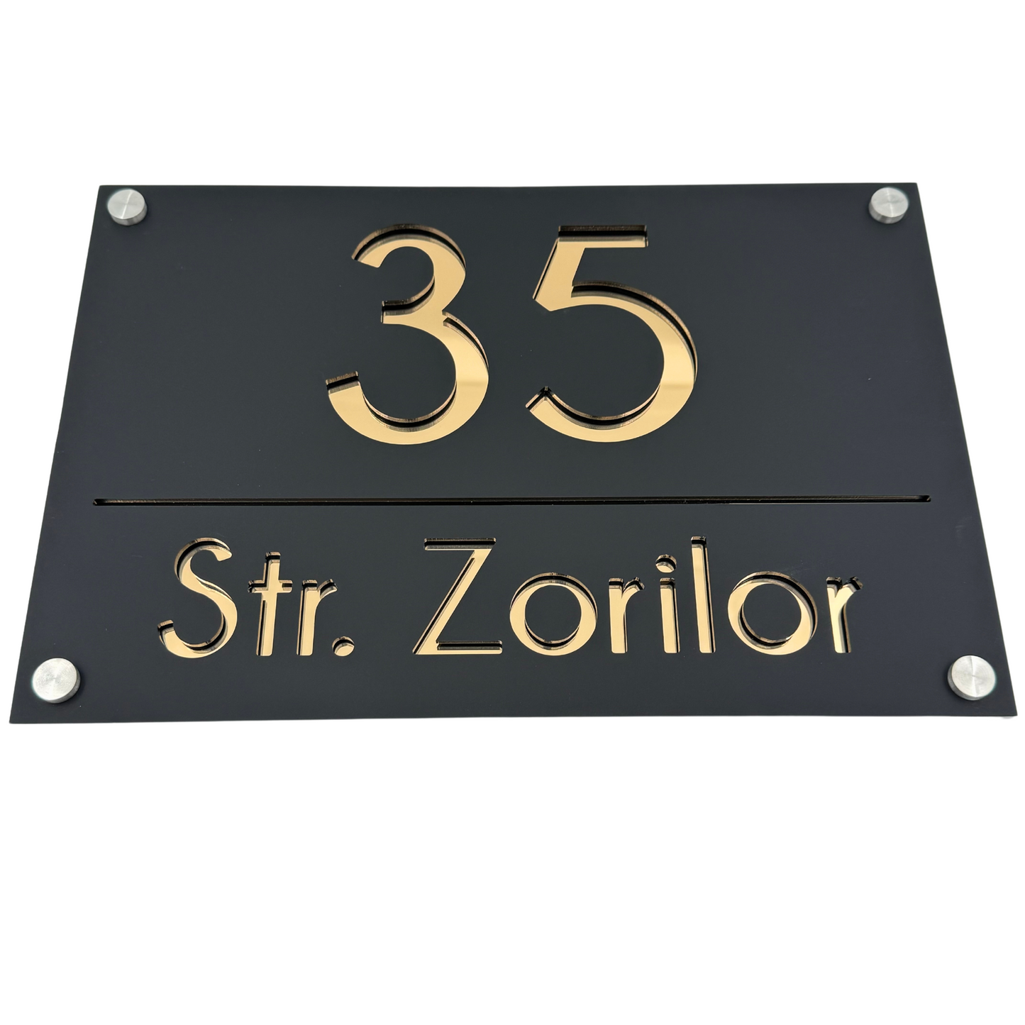 PREMIUM HOUSE NUMBER - Satin Black Gold Mirror 4 Spacers Silver - 30×20 cm