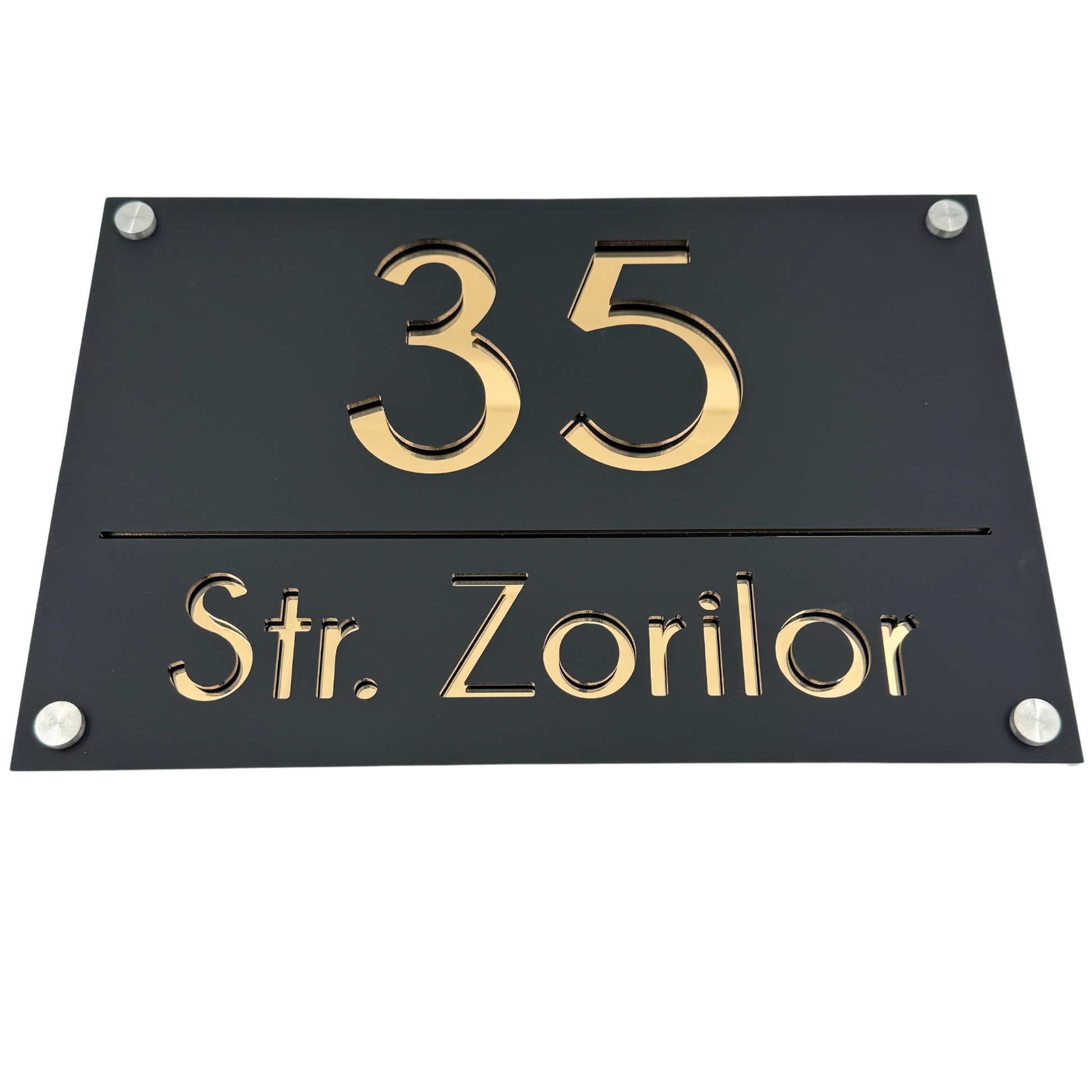PREMIUM HOUSE NUMBER - Satin Black Gold Mirror 4 Spacers Silver - 30×20 cm