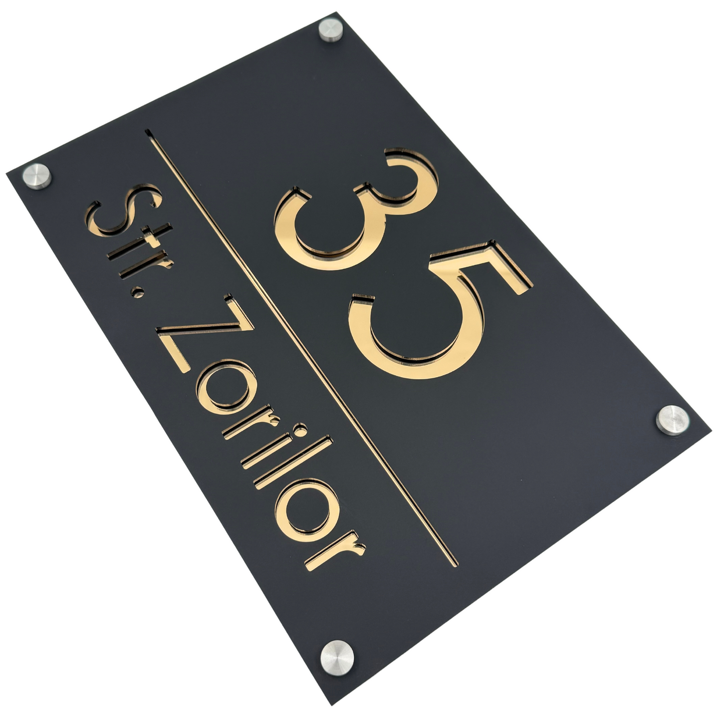 PREMIUM HOUSE NUMBER - Satin Black Gold Mirror 4 Spacers Silver - 30×20 cm