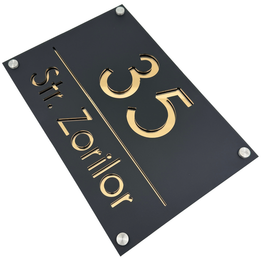 PREMIUM HOUSE NUMBER - Satin Black Gold Mirror 4 Spacers Silver - 30×20 cm