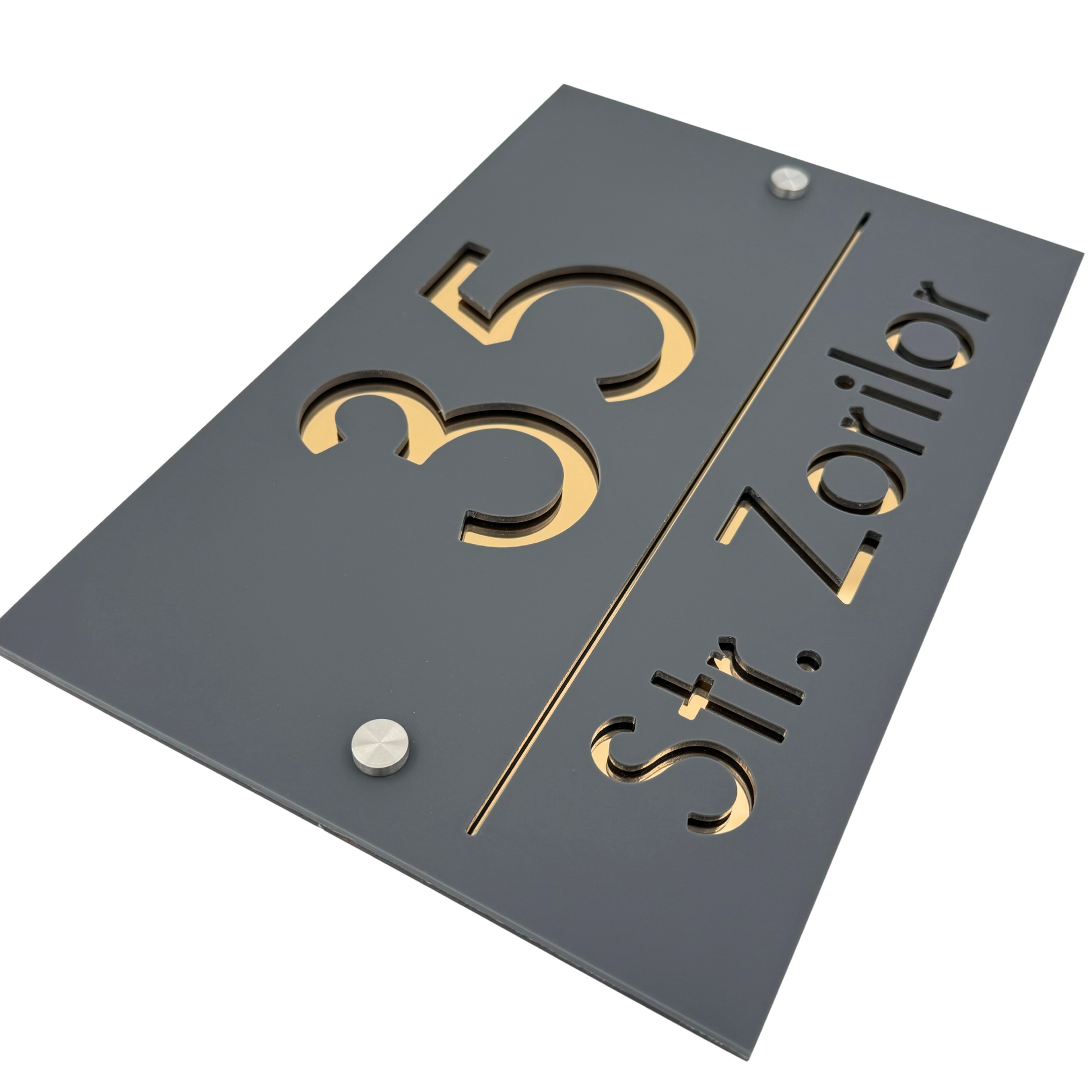 PREMIUM HOUSE NUMBER - Satin Grey Gold Mirror 2 Spacers Silver - 30×20 cm