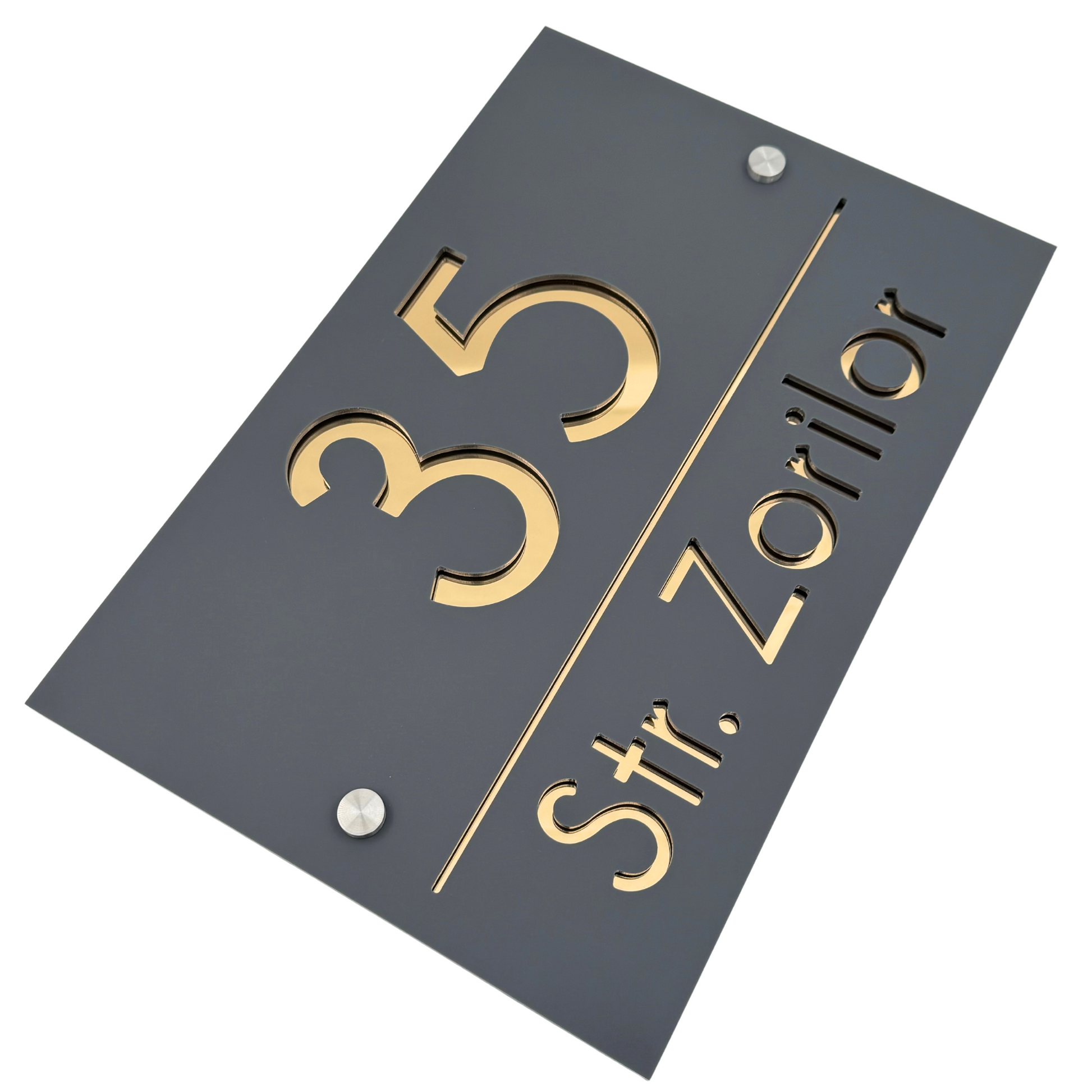PREMIUM HOUSE NUMBER - Satin Grey Gold Mirror 2 Spacers Silver - 30×20 cm