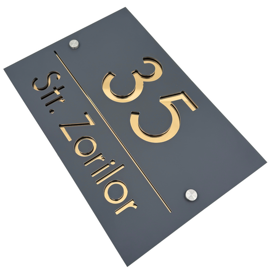 PREMIUM HOUSE NUMBER - Satin Grey Gold Mirror 2 Spacers Silver - 30×20 cm