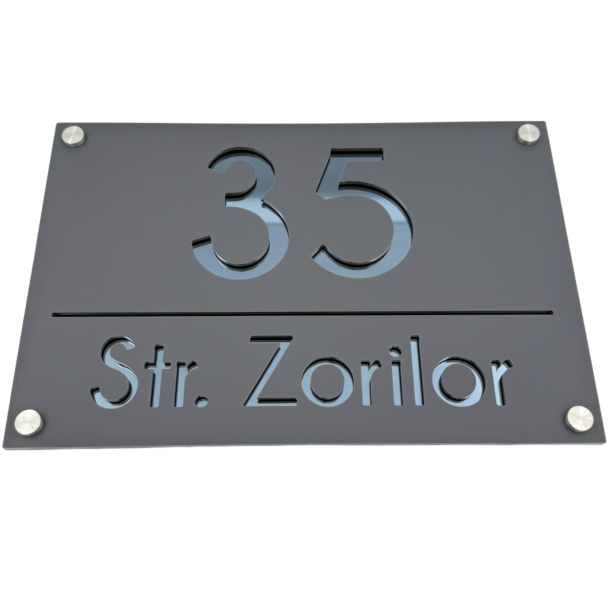 PREMIUM HOUSE NUMBER - Satin Grey Anthracite Grey Mirror 4 Spacers Silver - 30×20 cm