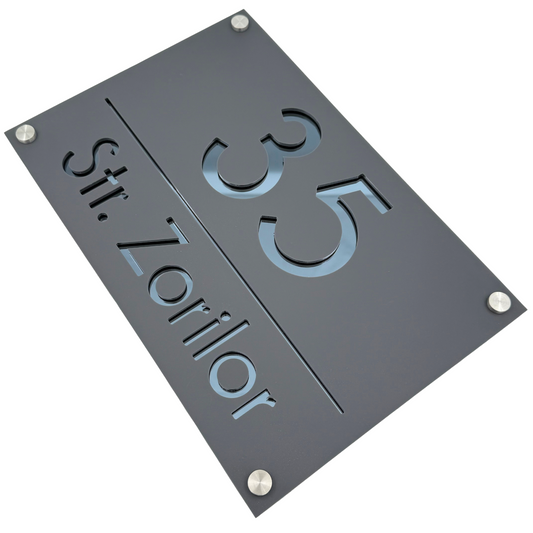 PREMIUM HOUSE NUMBER - Satin Grey Anthracite Grey Mirror 4 Spacers Silver - 30×20 cm