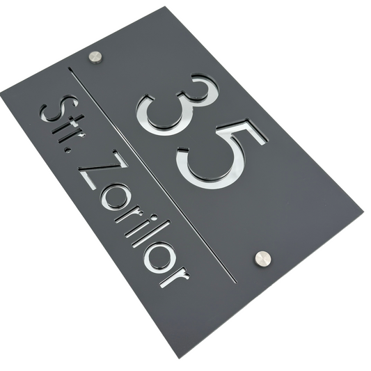 PREMIUM HOUSE NUMBER - Satin Grey Silver Mirror 2 Spacers Silver - 30×20 cm