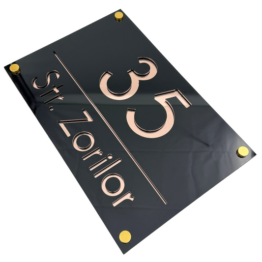 PREMIUM HOUSE NUMBER - Glossy Black Rose Gold Mirror 4 Spacers Gold - 30×20 cm