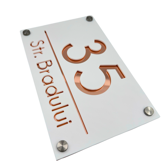 PREMIUM HOUSE NUMBER - White Satin Rose Gold Mirror 4 Spacers Silver - 24×15 cm