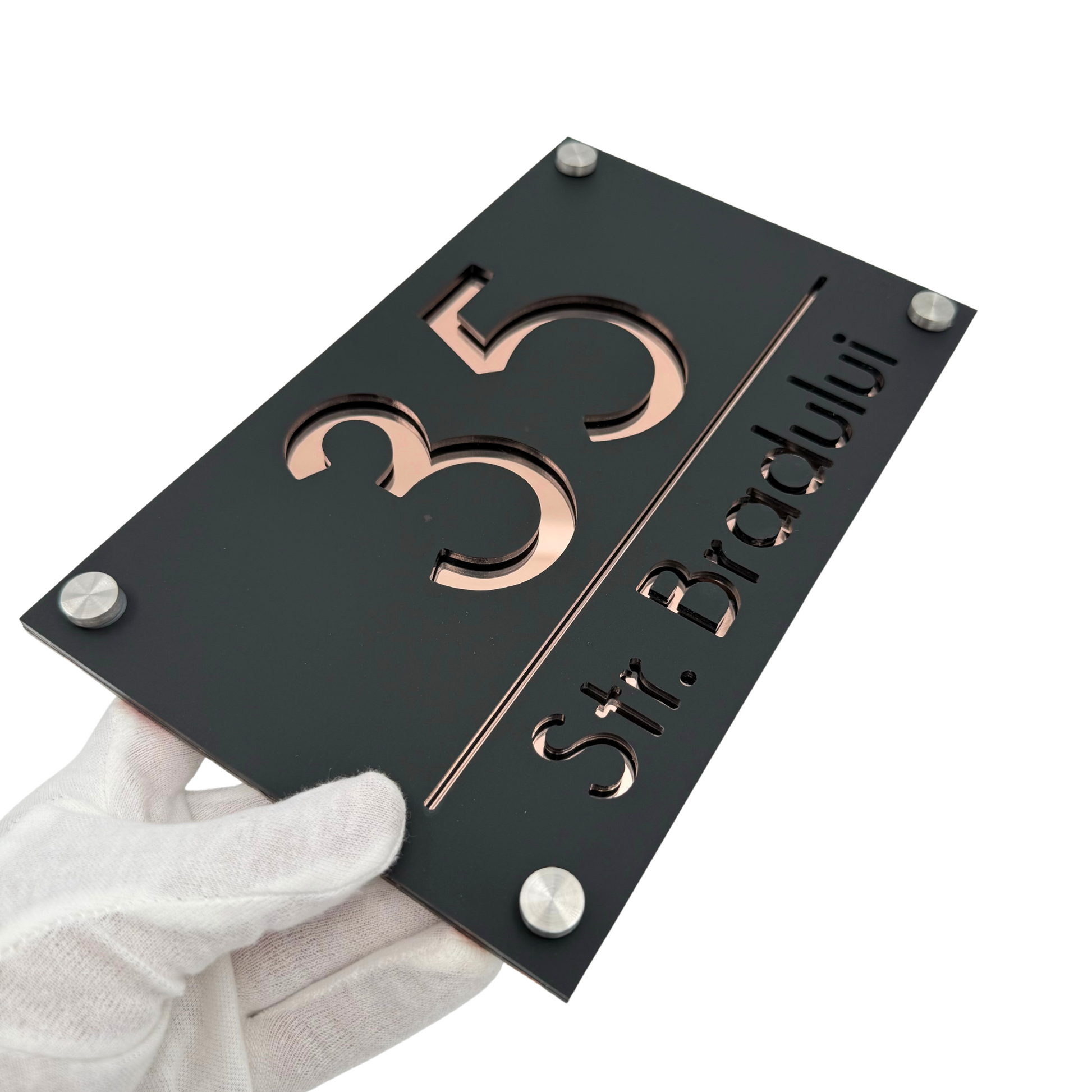 PREMIUM HOUSE NUMBER - Satin Black Rose Gold Mirror 4 Spacers Silver - 24×15 cm