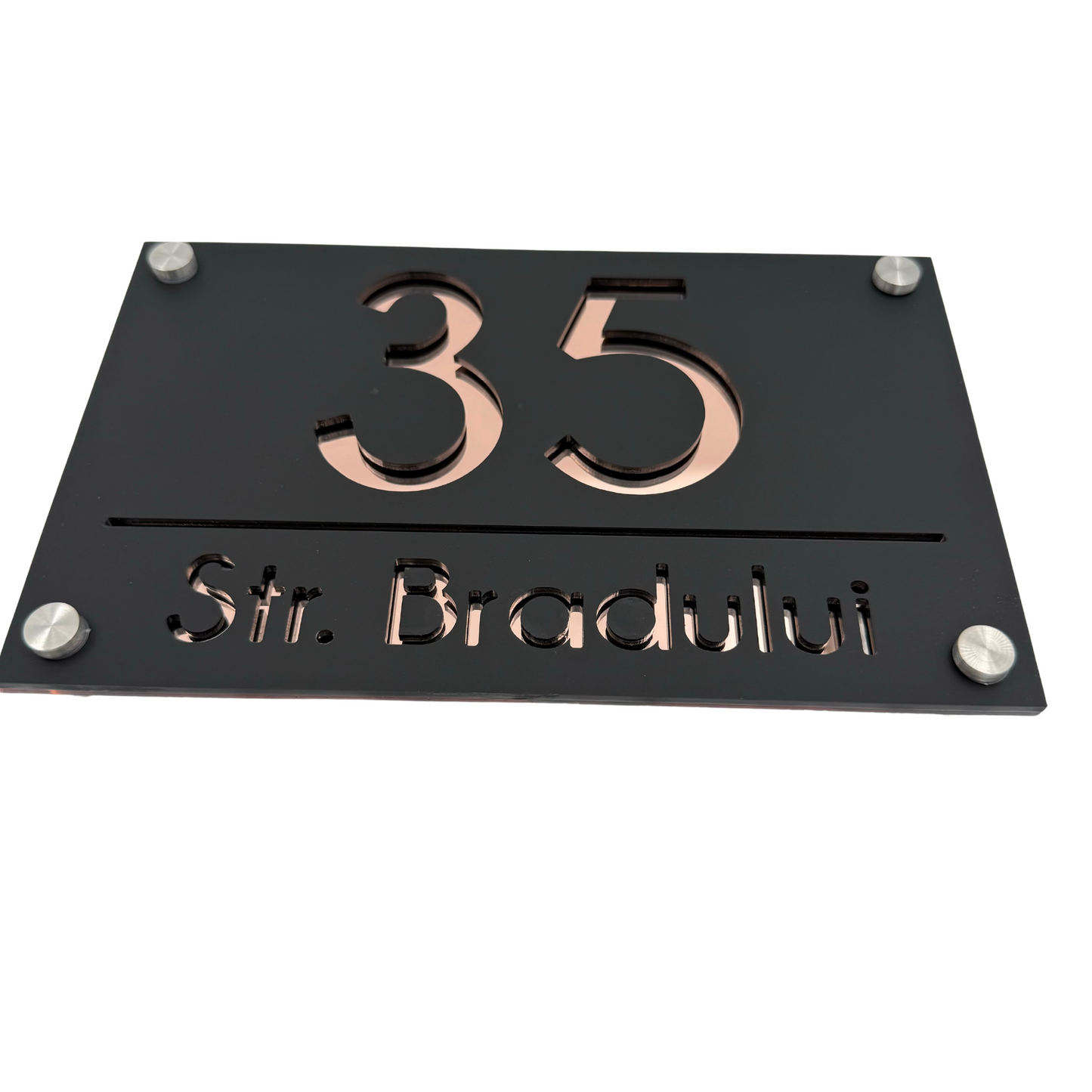 PREMIUM HOUSE NUMBER - Satin Black Rose Gold Mirror 4 Spacers Silver - 24×15 cm