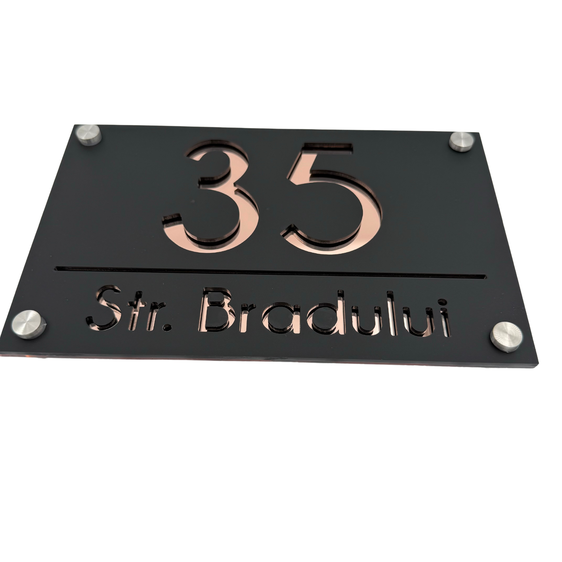 PREMIUM HOUSE NUMBER - Satin Black Rose Gold Mirror 4 Spacers Silver - 24×15 cm
