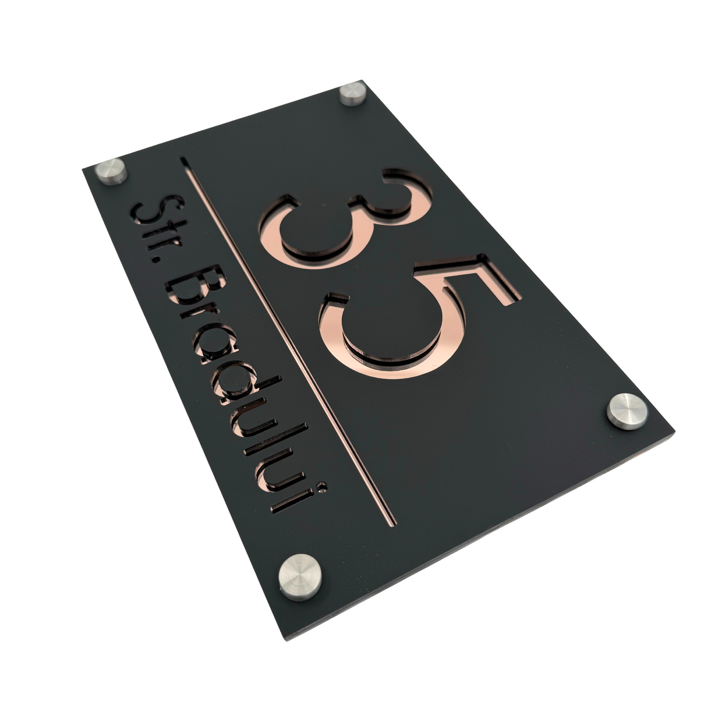 PREMIUM HOUSE NUMBER - Satin Black Rose Gold Mirror 4 Spacers Silver - 24×15 cm