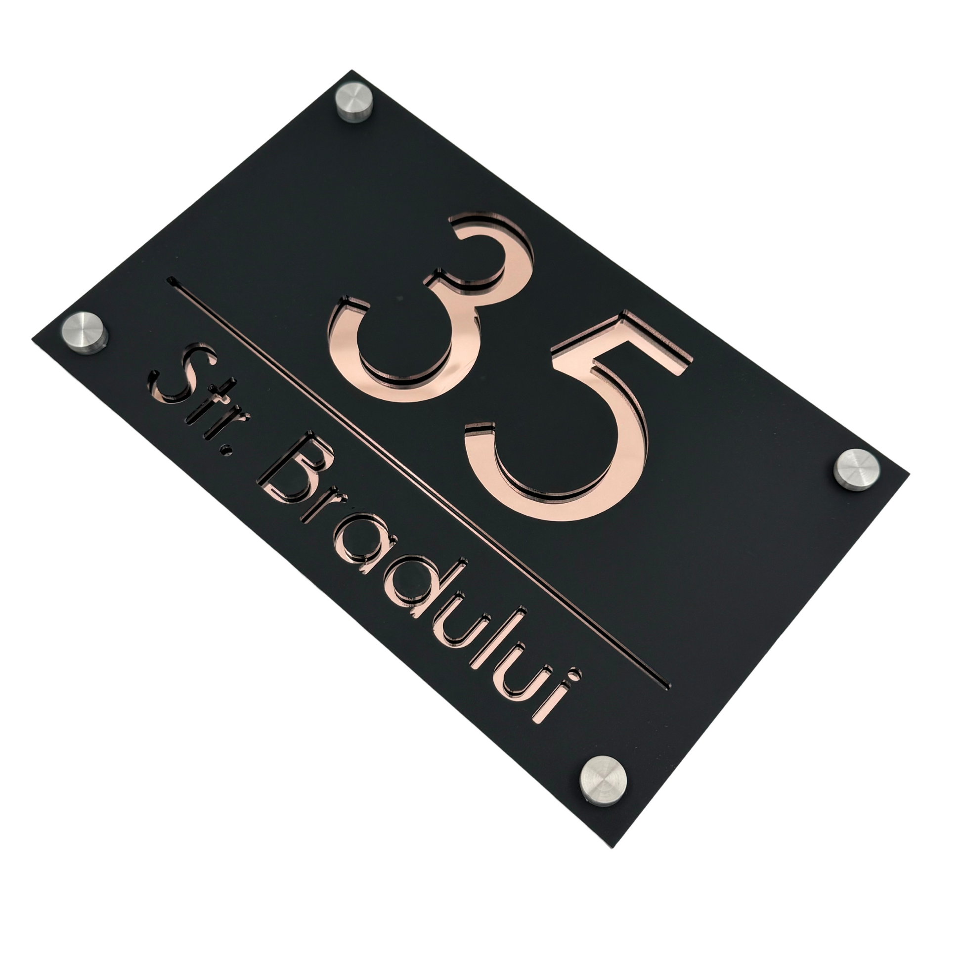PREMIUM HOUSE NUMBER - Satin Black Rose Gold Mirror 4 Spacers Silver - 24×15 cm