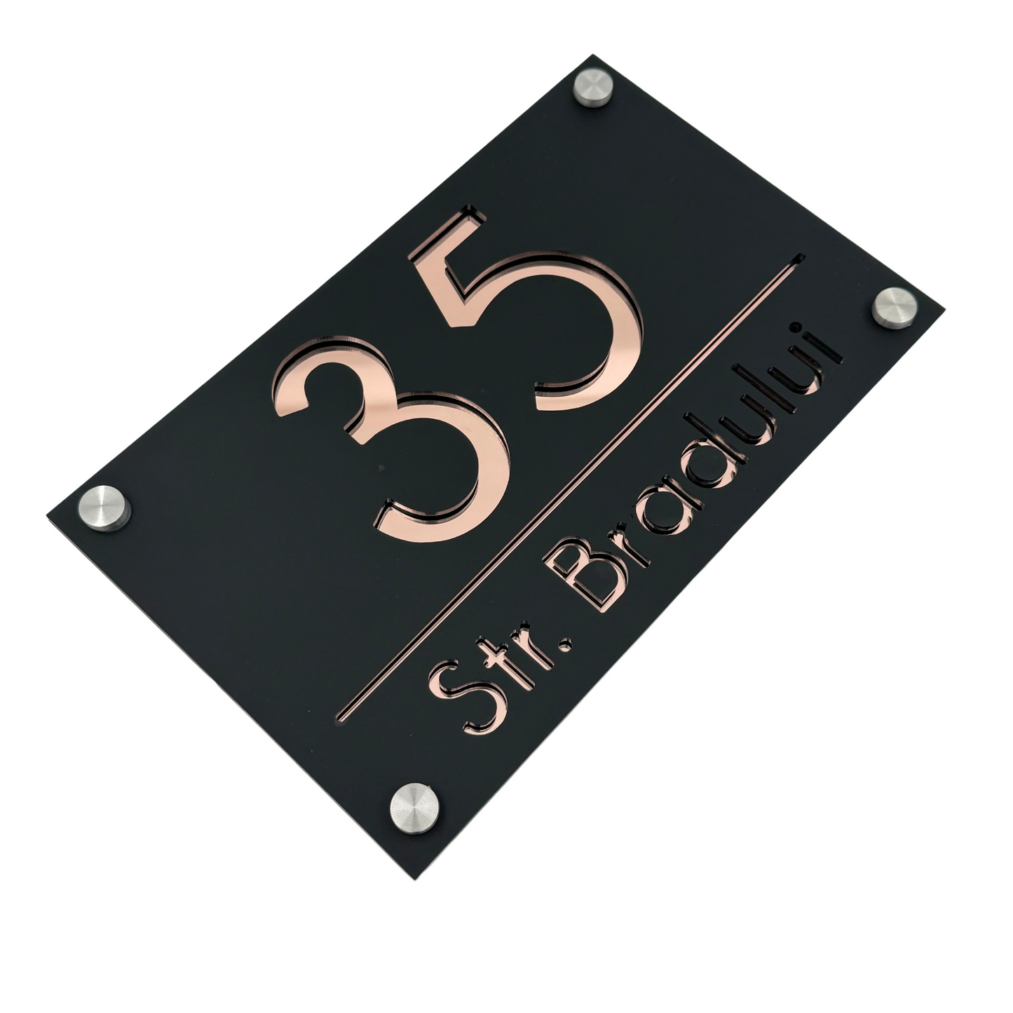 PREMIUM HOUSE NUMBER - Satin Black Rose Gold Mirror 4 Spacers Silver - 24×15 cm