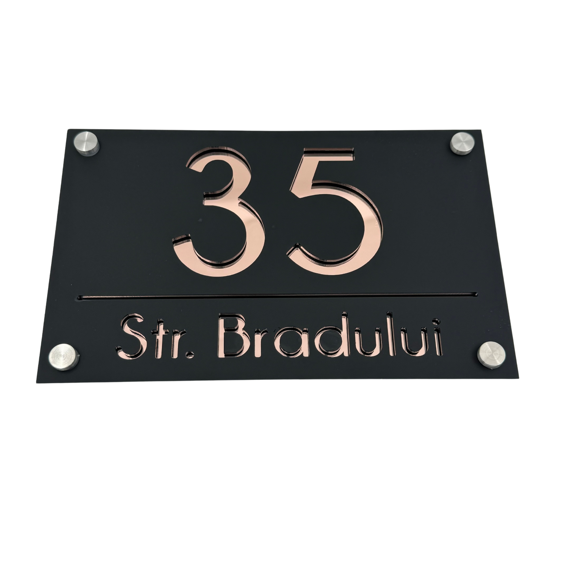 PREMIUM HOUSE NUMBER - Satin Black Rose Gold Mirror 4 Spacers Silver - 24×15 cm