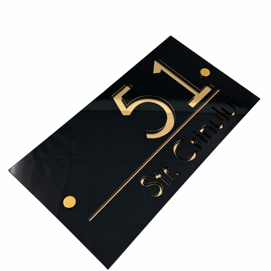 PREMIUM HOUSE NUMBER - Glossy Black Gold Mirror 2 Spacers Gold - 28×15 cm