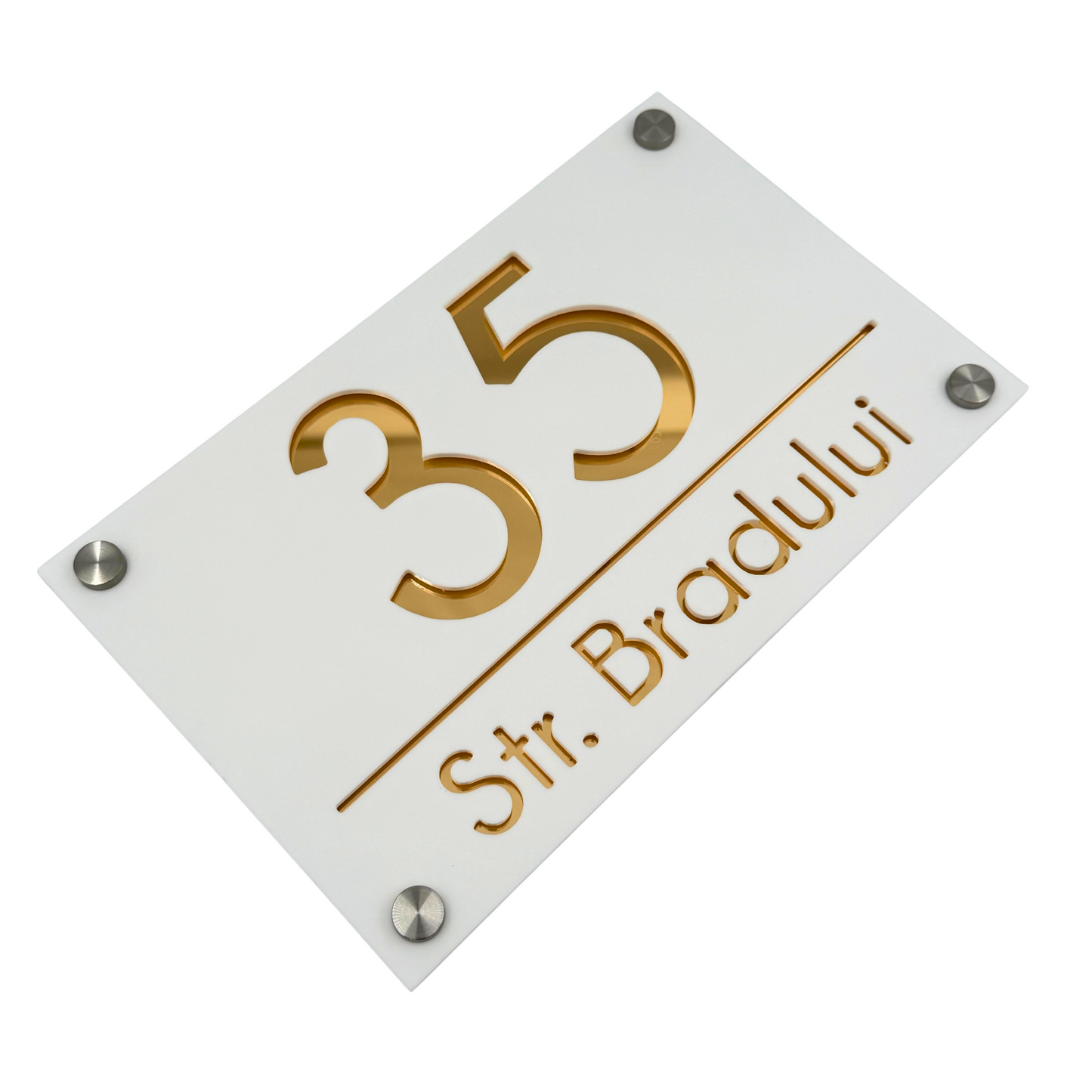 PREMIUM HOUSE NUMBER - White Satin Gold Mirror 4 Spacers Silver - 24×15 cm