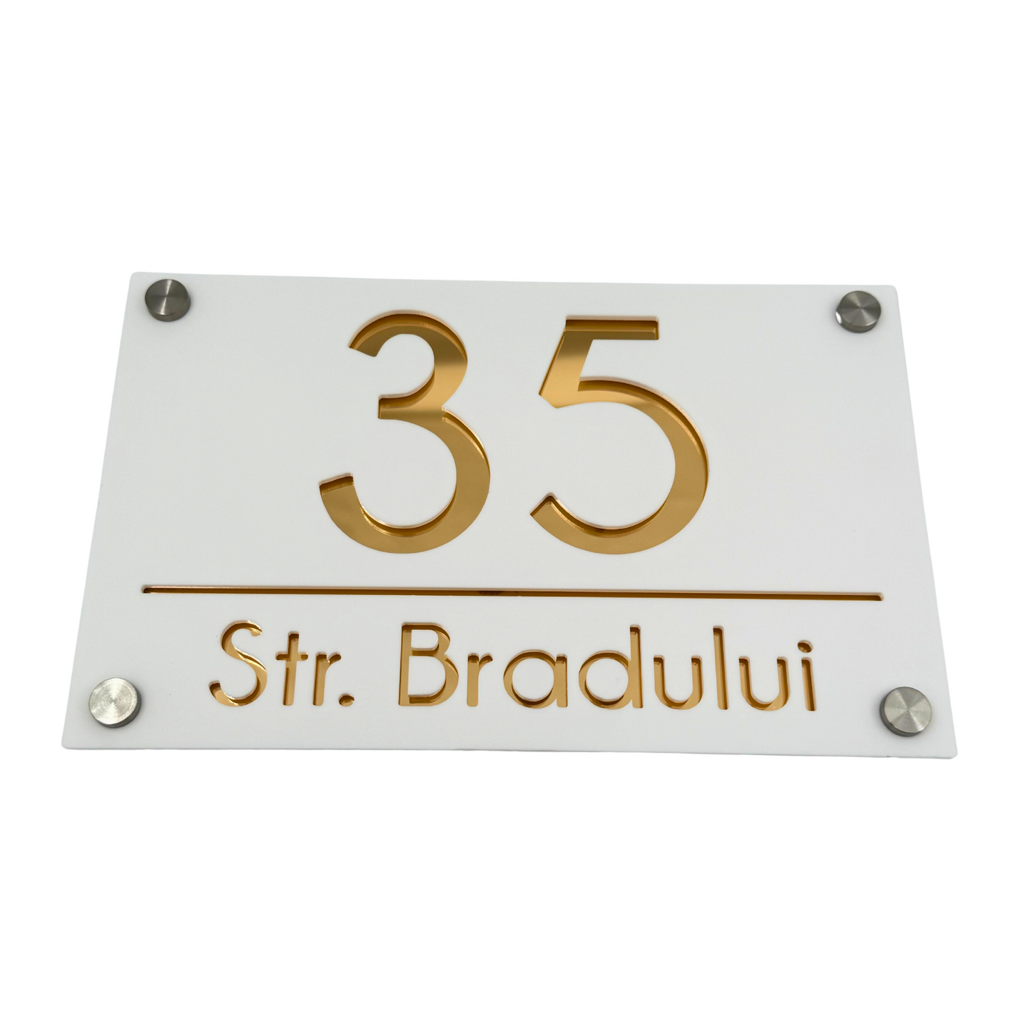PREMIUM HOUSE NUMBER - White Satin Gold Mirror 4 Spacers Silver - 24×15 cm