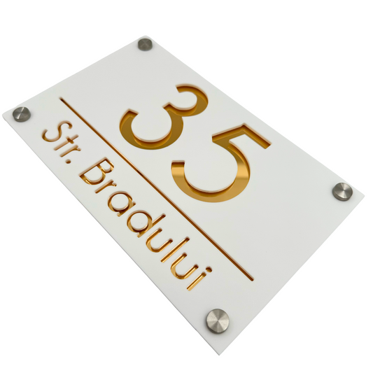 PREMIUM HOUSE NUMBER - White Satin Gold Mirror 4 Spacers Silver - 24×15 cm