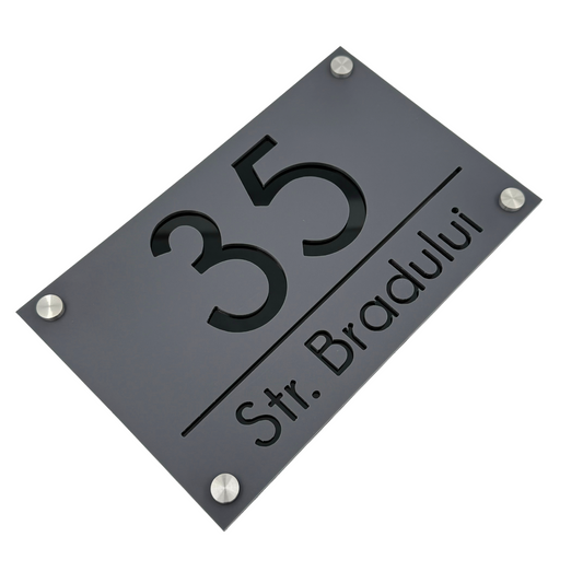 PREMIUM HOUSE NUMBER - Satin Black Glossy Black 4 Spacers Silver - 24×15 cm