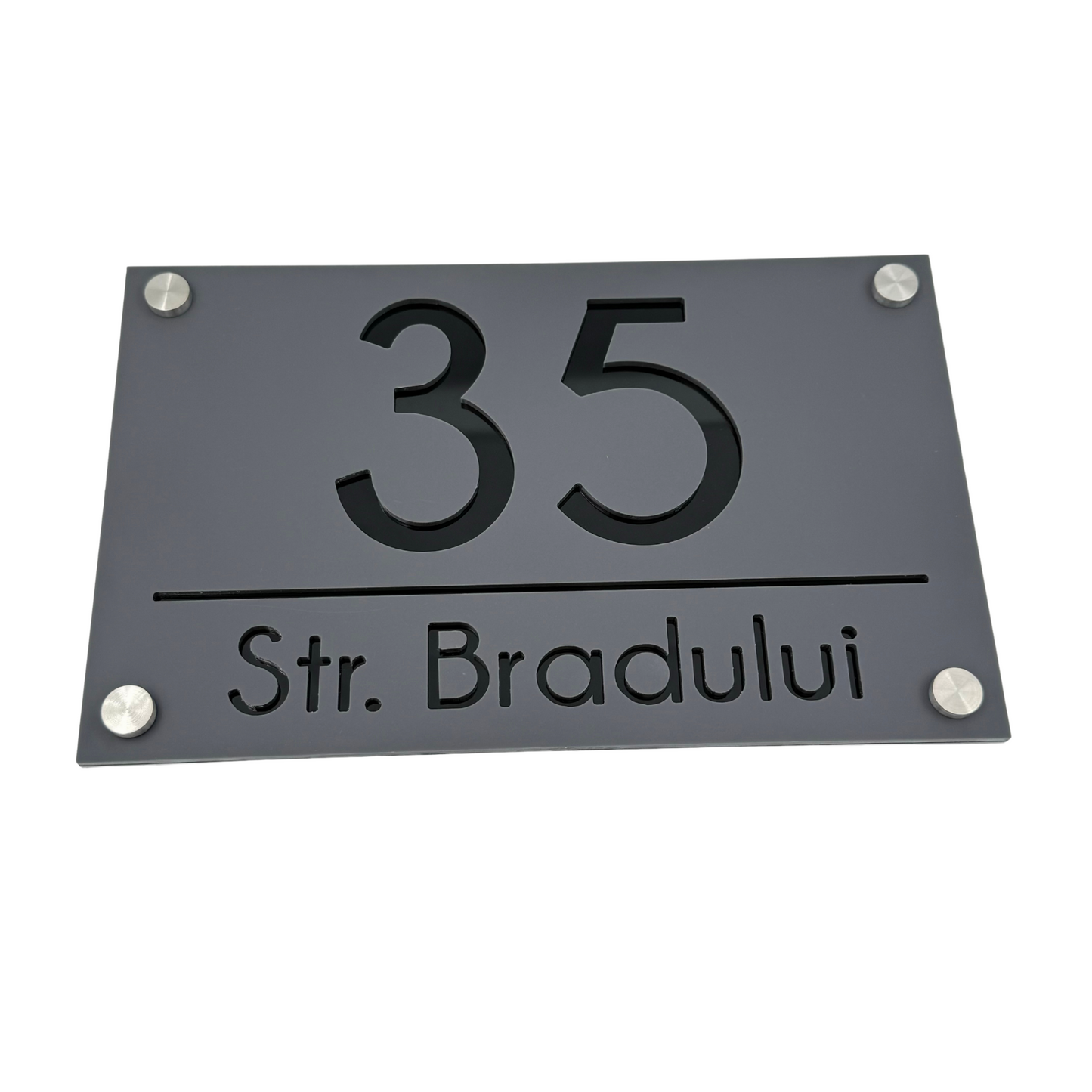 PREMIUM HOUSE NUMBER - Satin Black Glossy Black 4 Spacers Silver - 24×15 cm