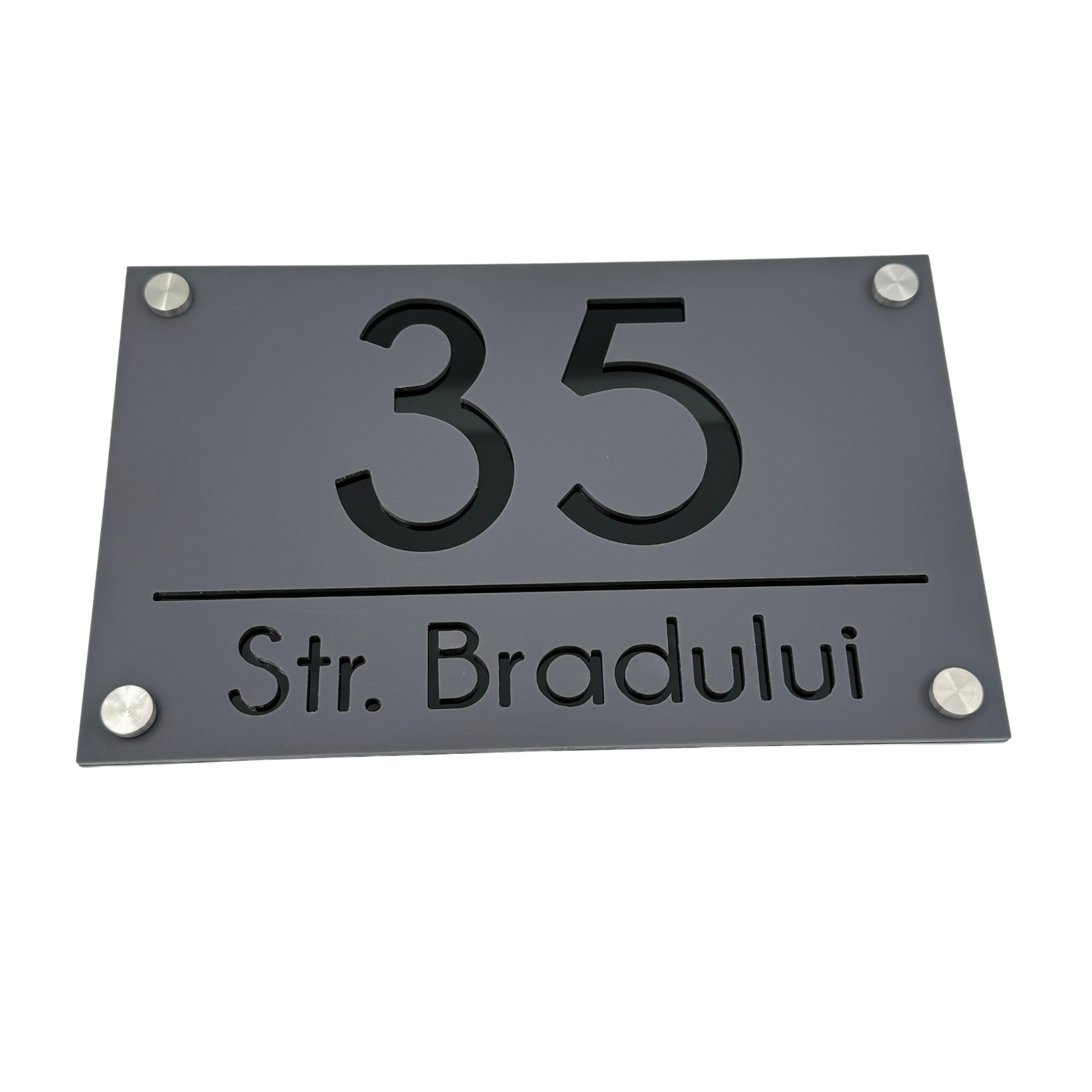 PREMIUM HOUSE NUMBER - Satin Black Glossy Black 4 Spacers Silver - 24×15 cm