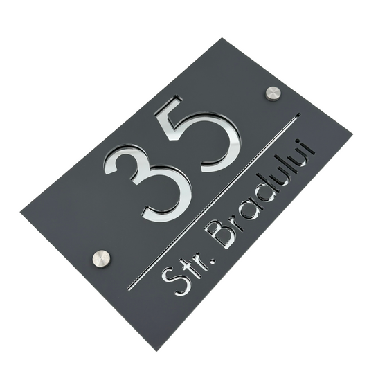 PREMIUM HOUSE NUMBER - Satin Grey Silver Mirror 2 Spacers Silver - 24×15 cm