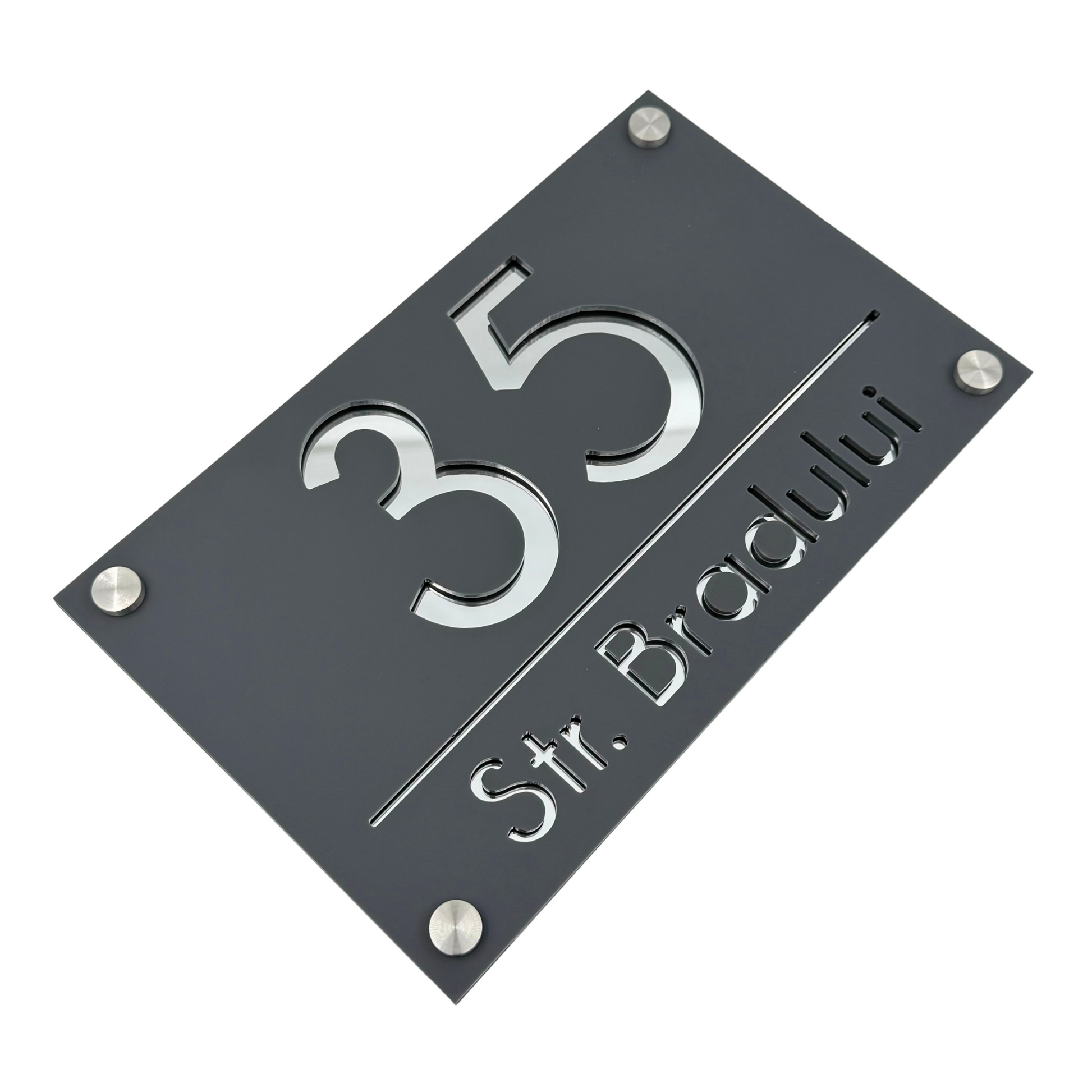 PREMIUM HOUSE NUMBER - Satin Grey Silver Mirror 4 Spacers Silver - 24×15 cm