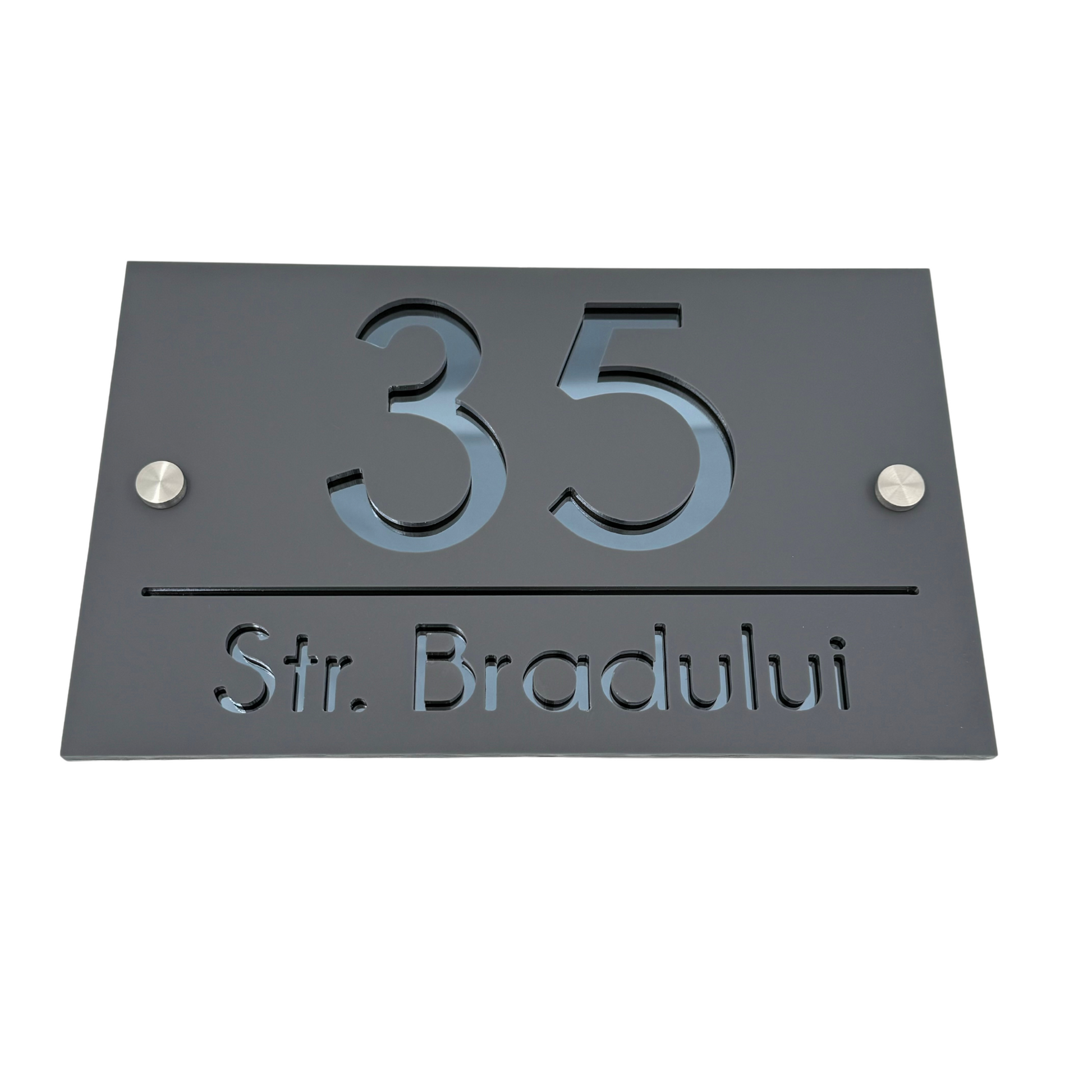 PREMIUM HOUSE NUMBER - Satin Grey Anthracite Grey Mirror 2 Spacers Silver - 24×15 cm