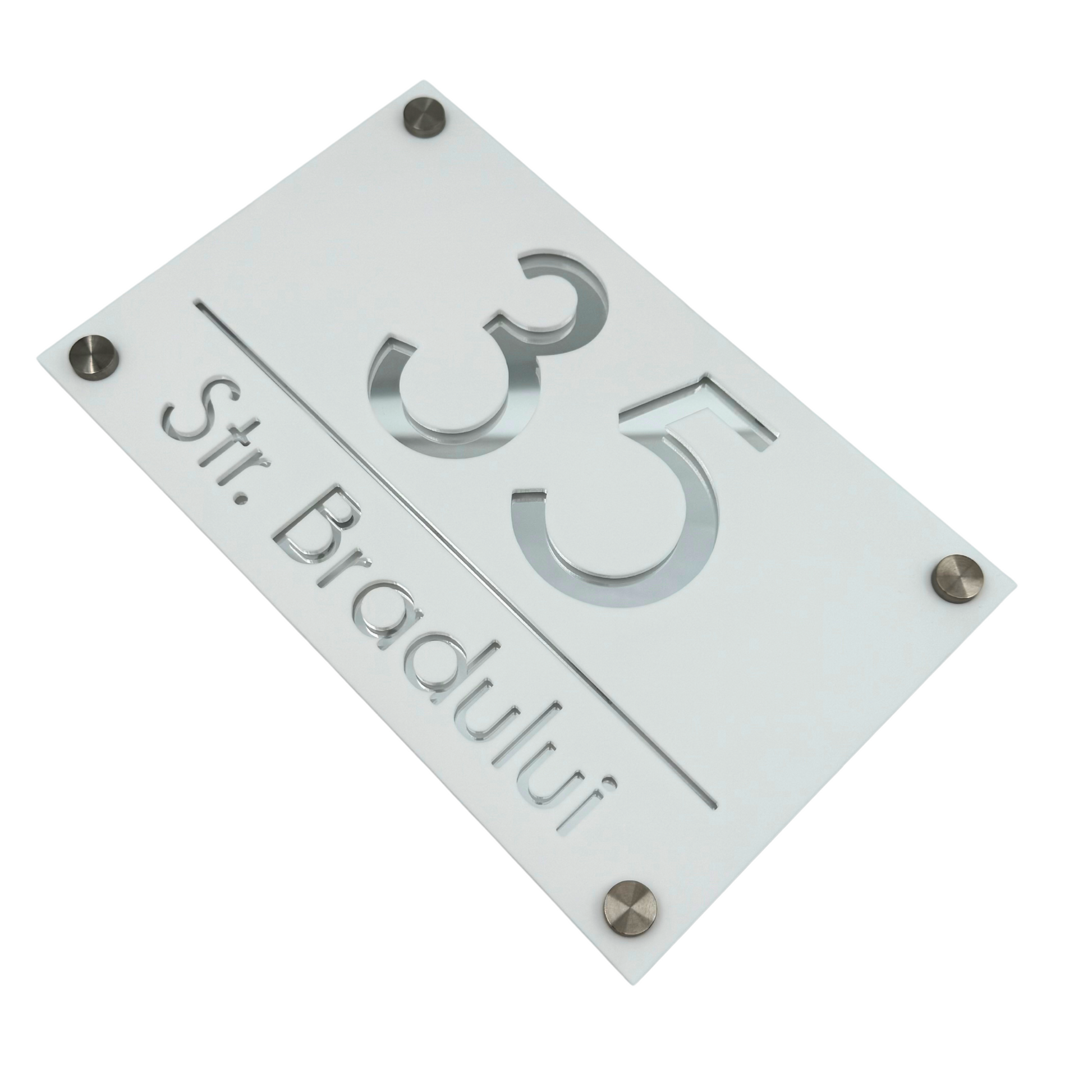 PREMIUM HOUSE NUMBER - White Satin Silver Mirror 4 Spacers Silver - 24×15 cm